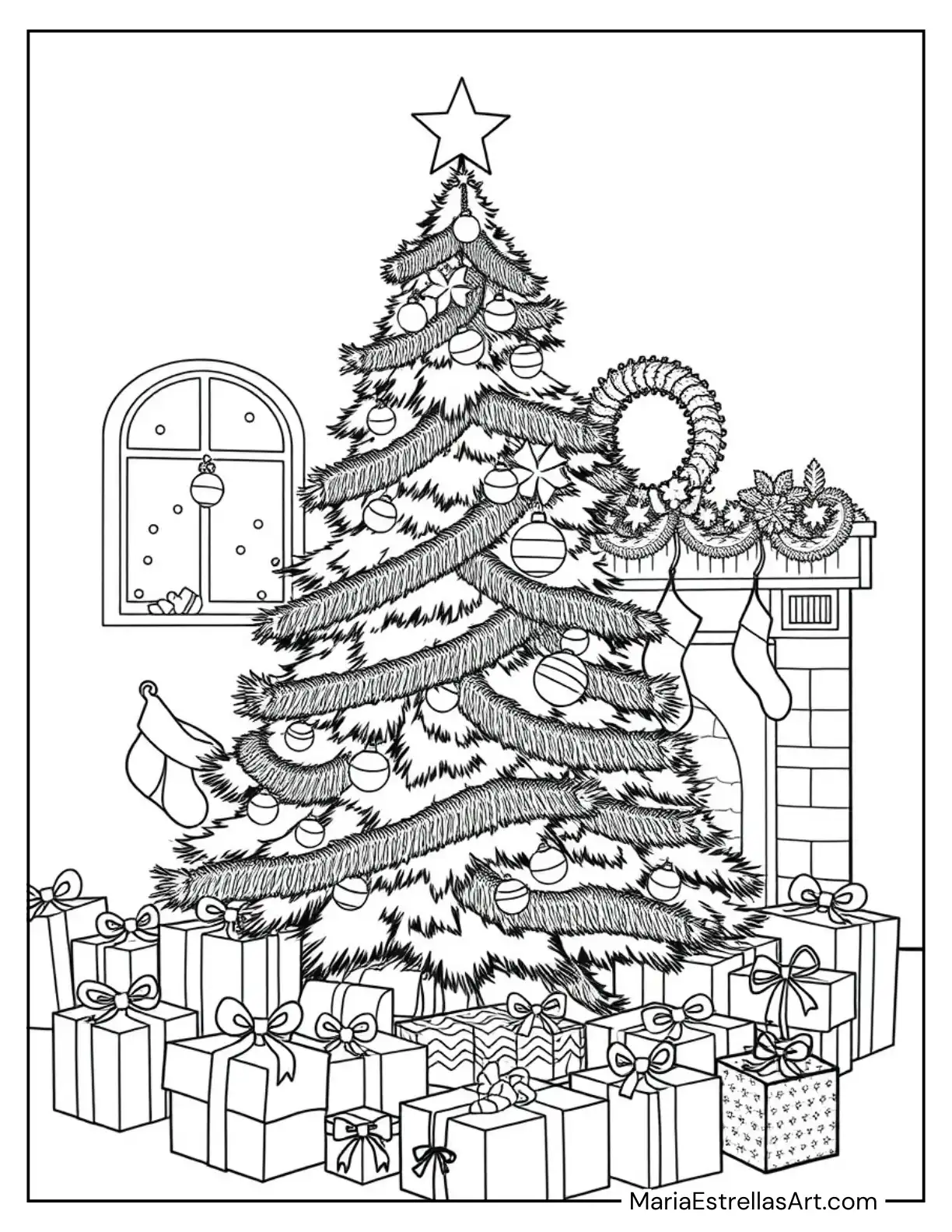 Christmas Tree with Tinsel Coloring Page