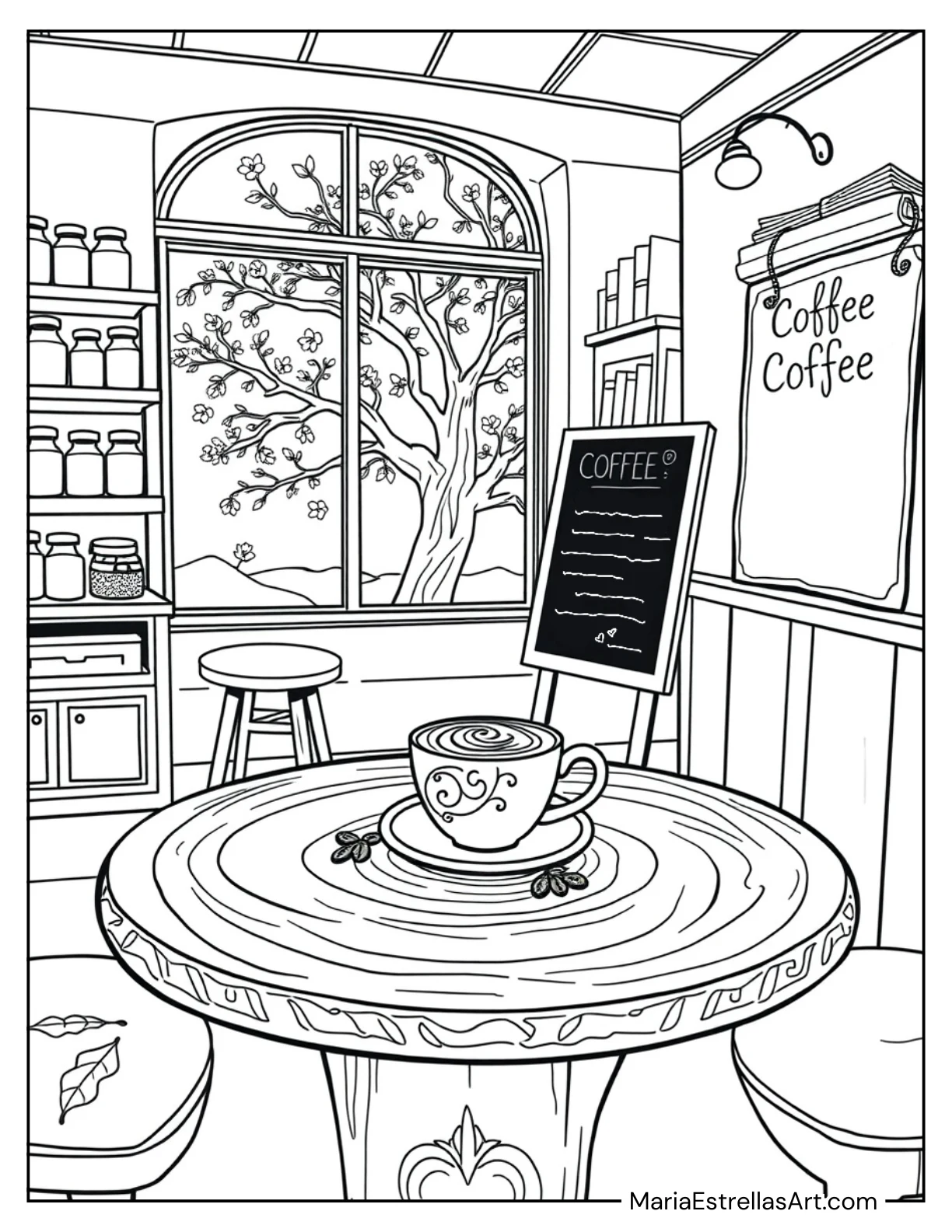 Coffee Shop Table With a Latte Coloring Sheet