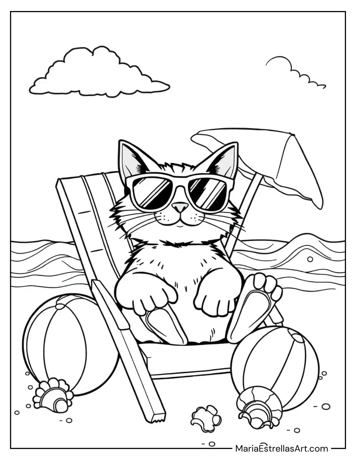 Cool Cat in Sunglasses Relaxing on a Beach Chair to Color for Kids