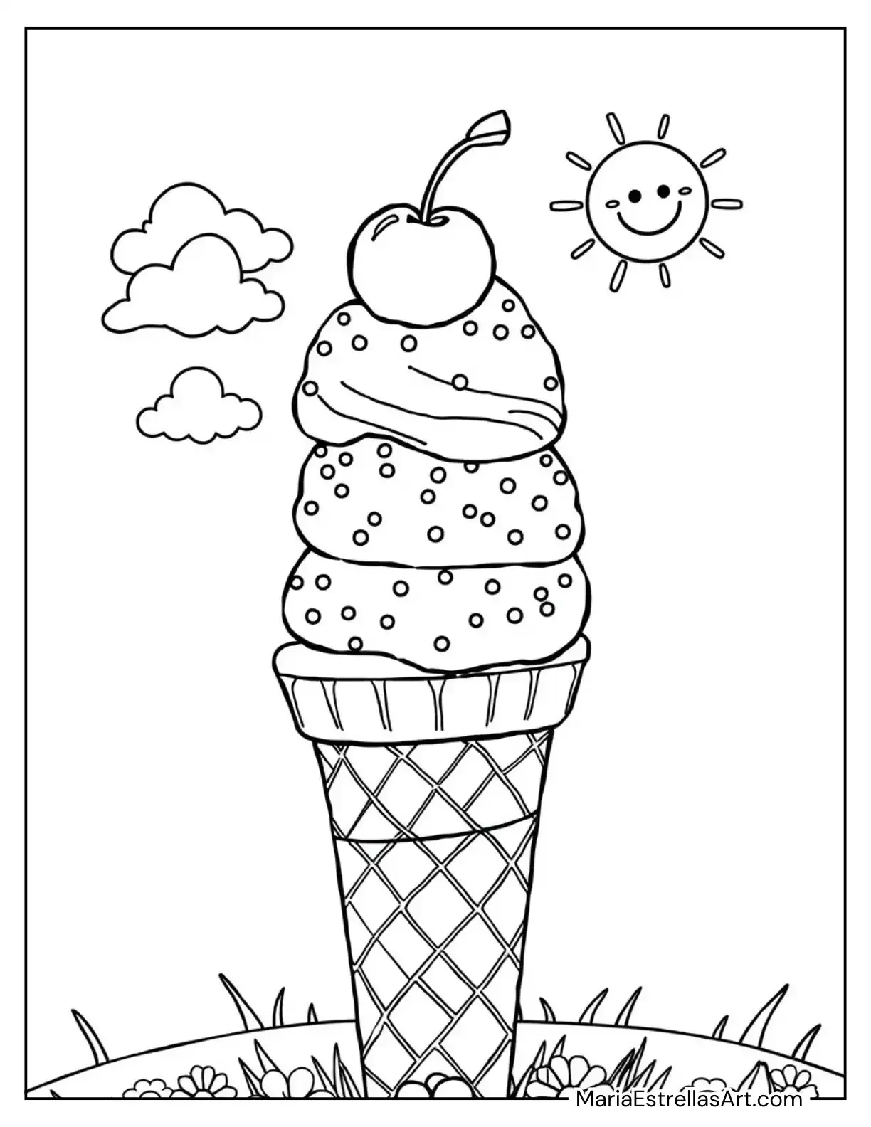 Cool Ice Cream Cone With Sprinkles and a Cherry on Top Coloring Sheet