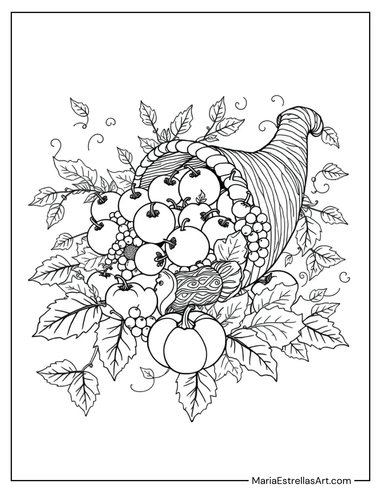 Cornucopia Overflowing With Fruits, Vegetables, and Leaves to Color for Kids