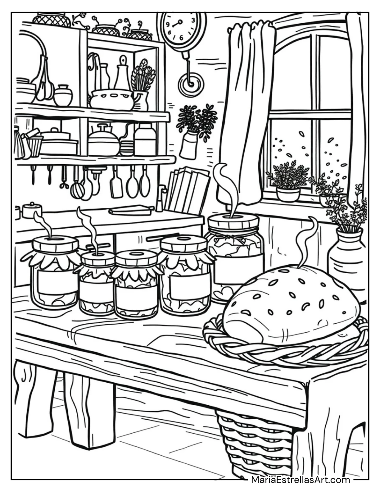 Cottage Kitchen With Jars of Jam, and Fresh Bread