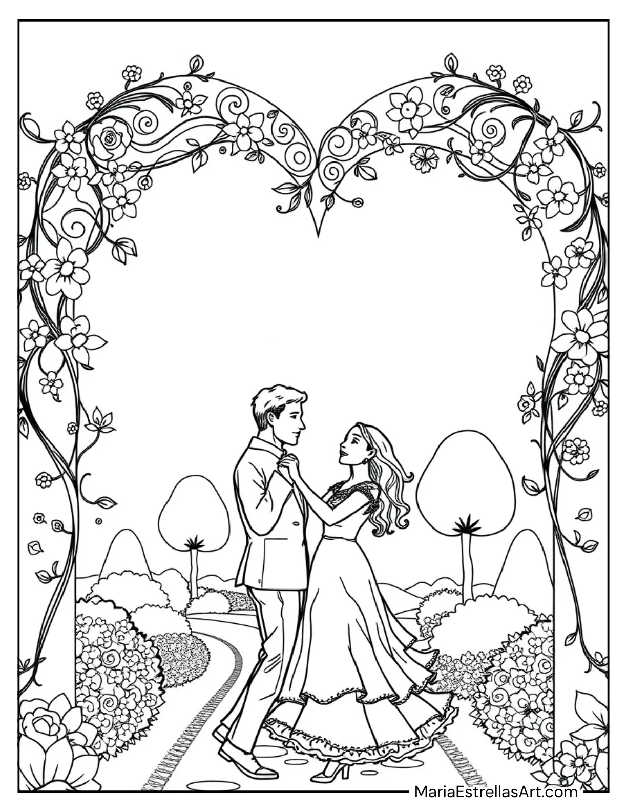 Couple Dancing Under a Heart-Shaped Arch Coloring Sheet