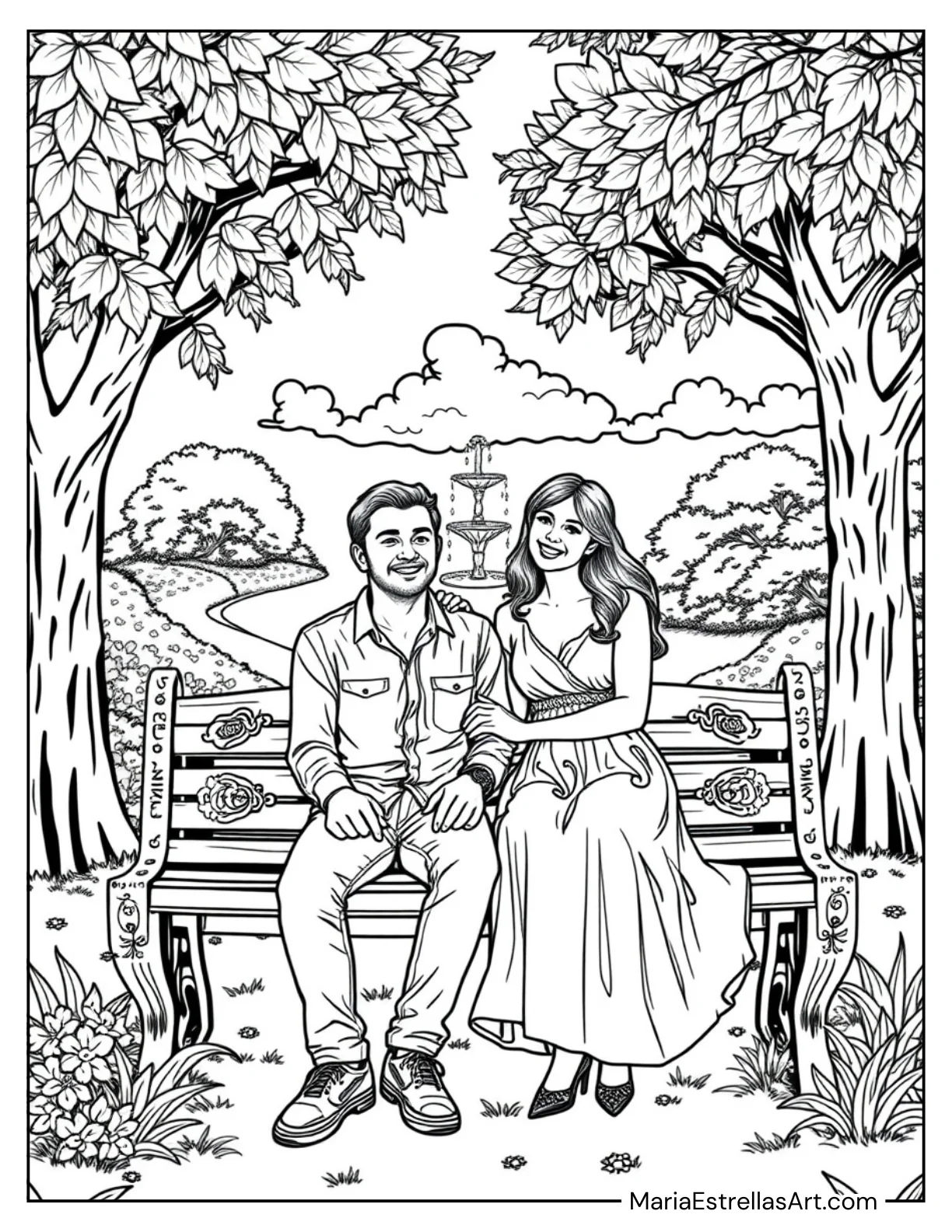 Couple Sharing a Bench in a Park to Color for Kids