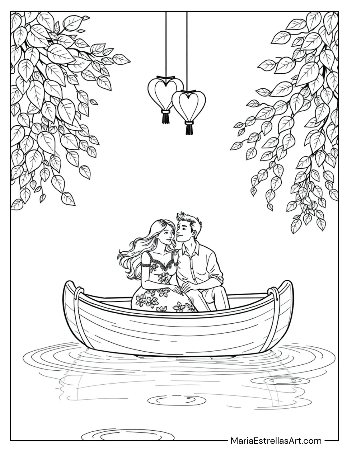 Couple Sitting in a Rowboat With Heart Lanterns