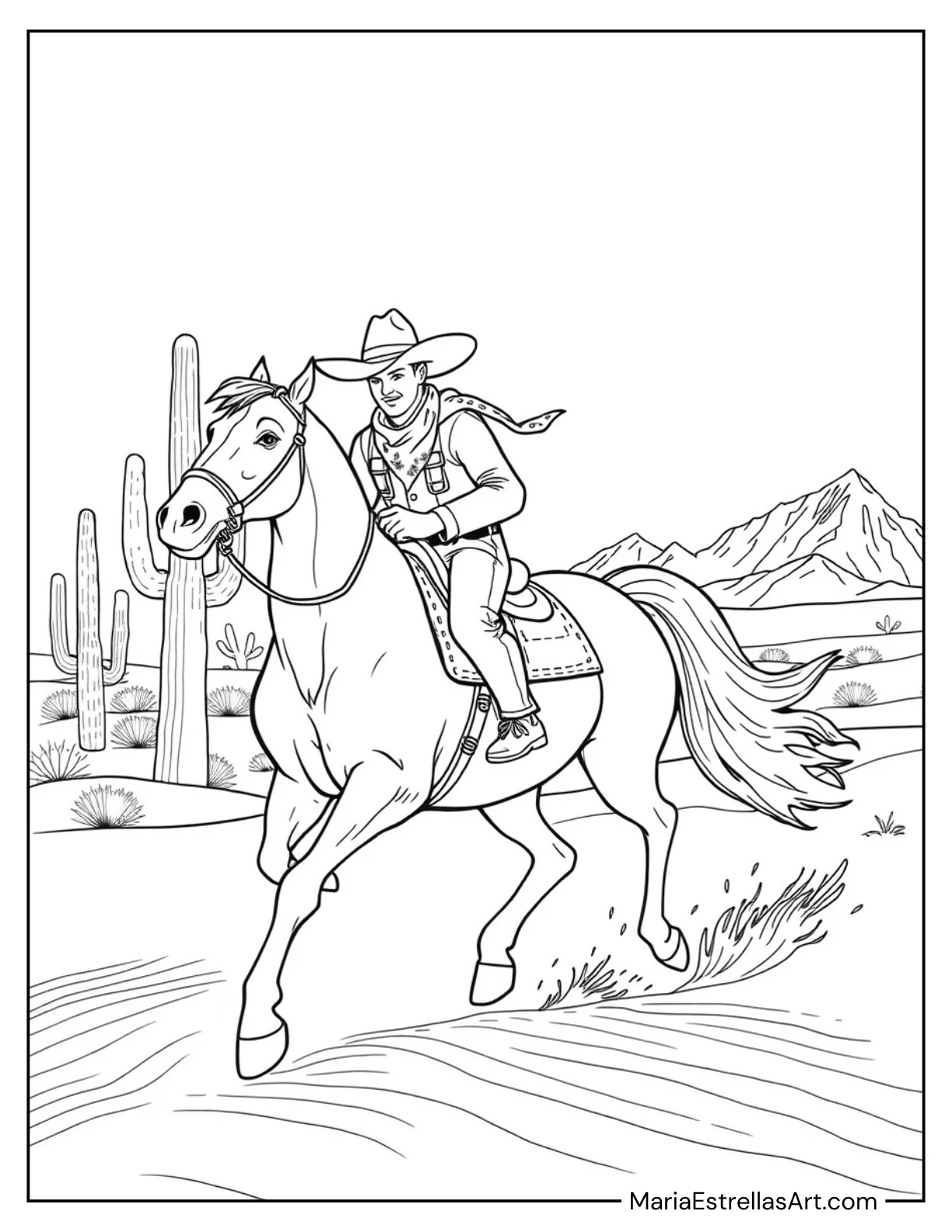 Cowboy Riding a Horse in a Desert Scene