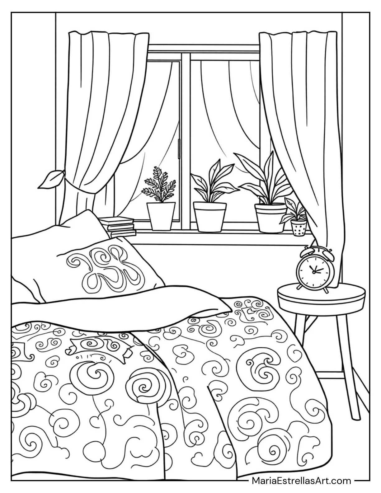 Cozy Bed Corner With a Blanket, and Pillows Coloring Page