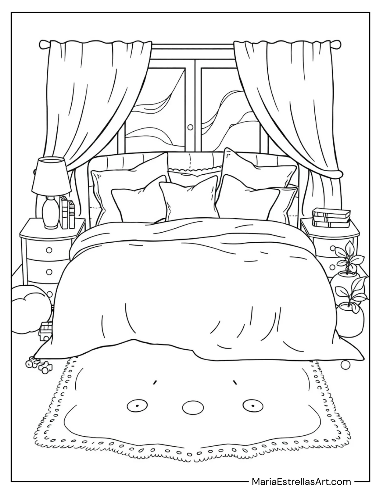 Cozy Bed With Fluffy Blankets, and Pillows Coloring Page