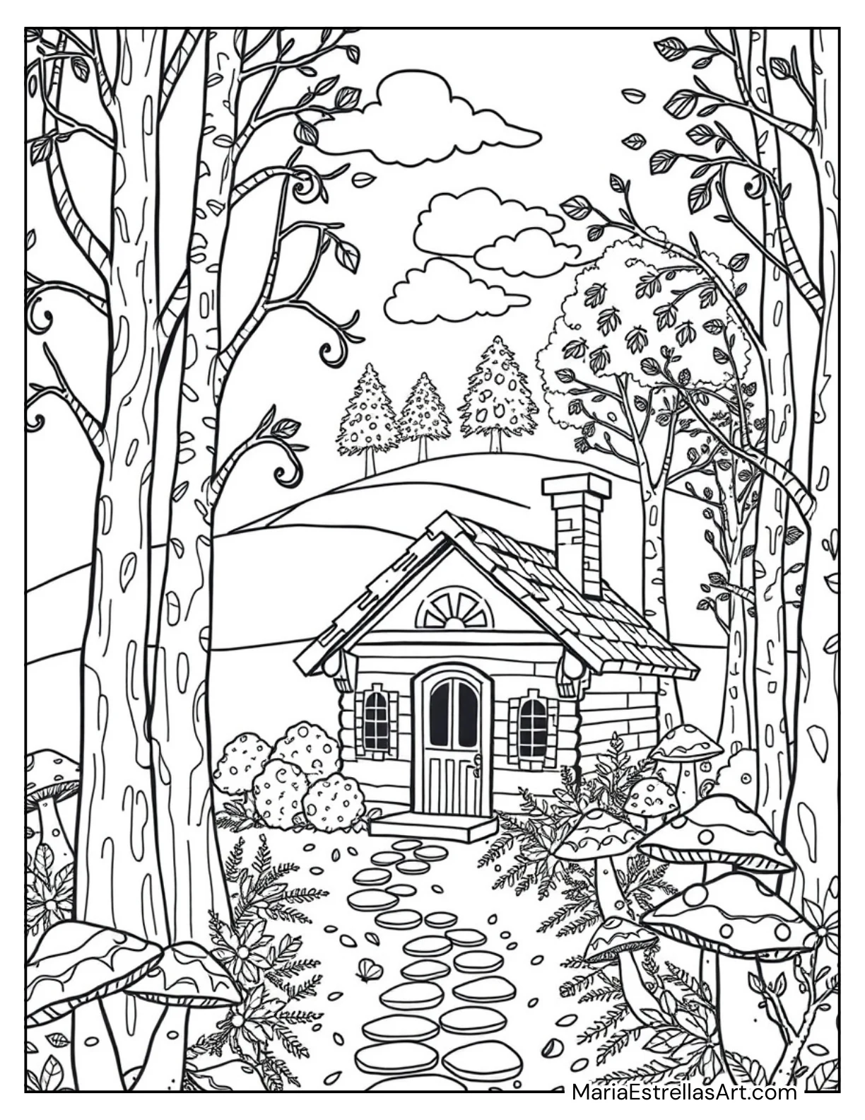 Cozy Cabin in the Fall Woods Coloring Sheet