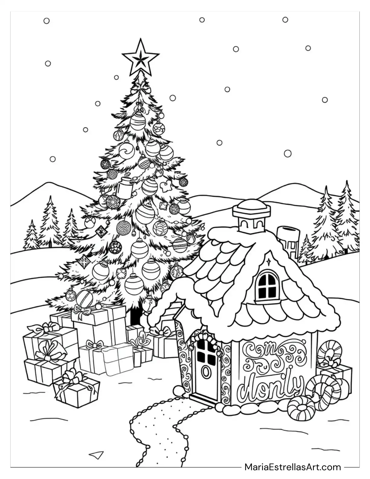 Cozy Christmas Tree and Gingerbread House Coloring Page