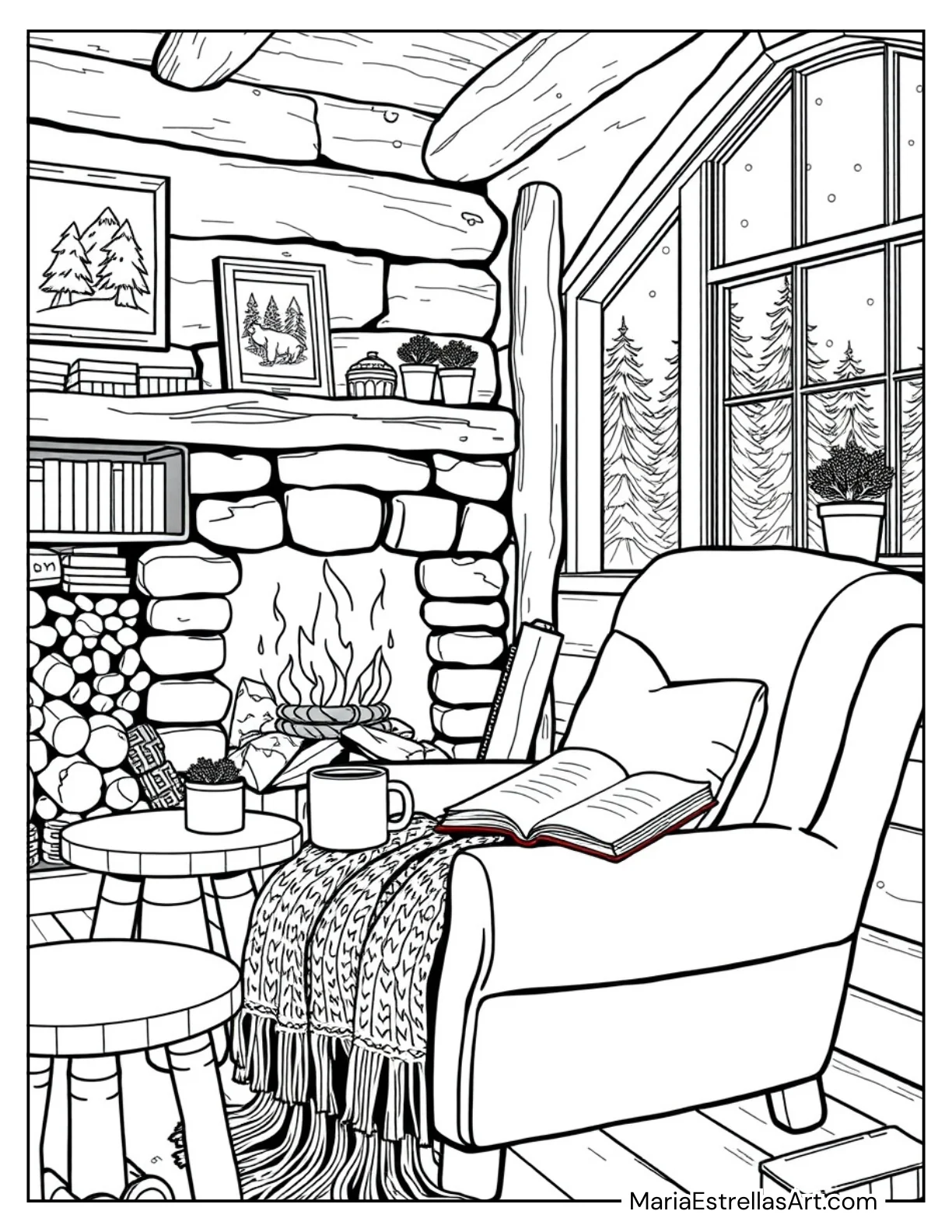 Cozy Corner in a Cabin With a Quilt to Color for Kids