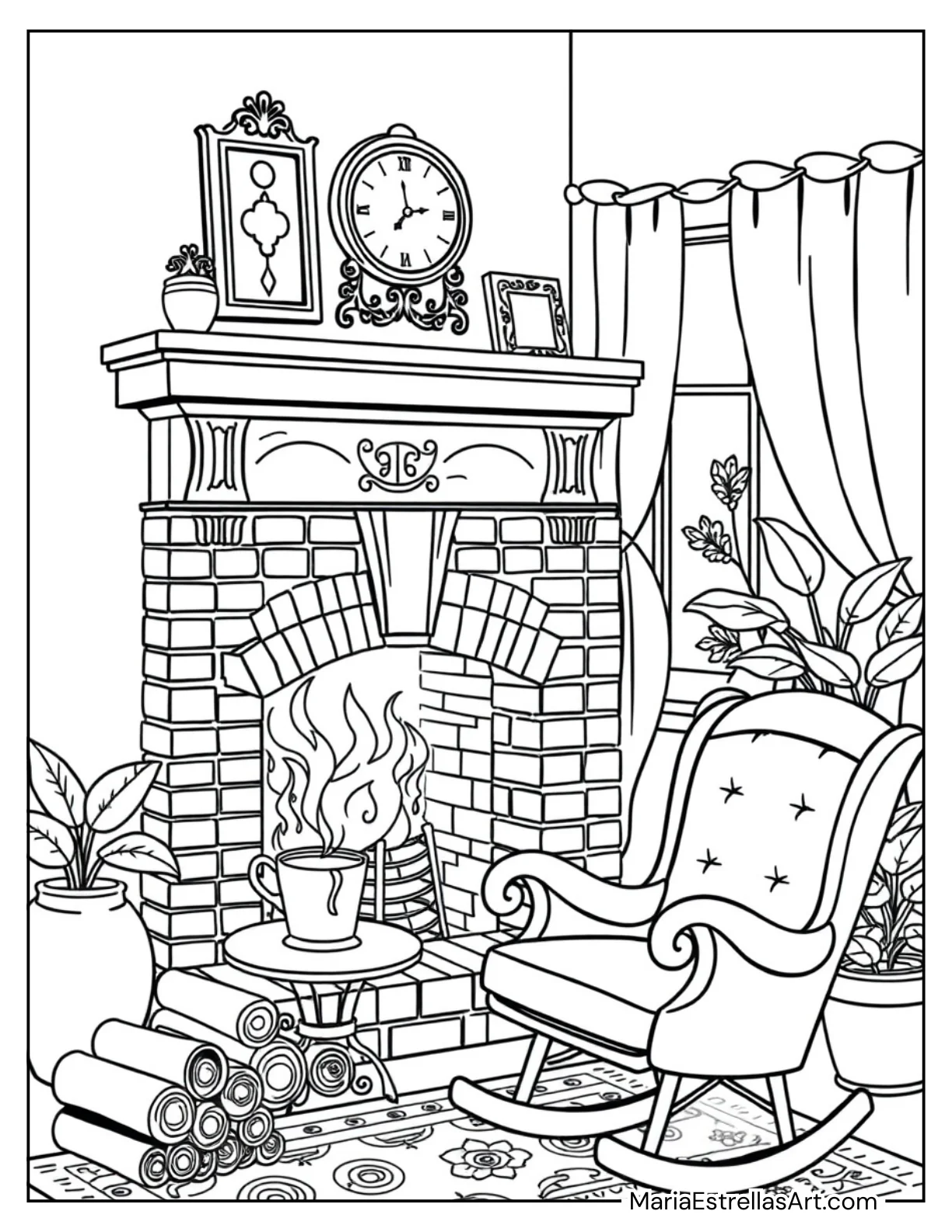 Cozy Fireplace Corner With a Rocking Chair Coloring Sheet