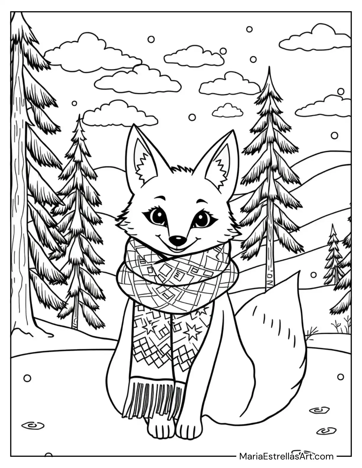 Cozy Fox in a Winter Scarf Coloring Page