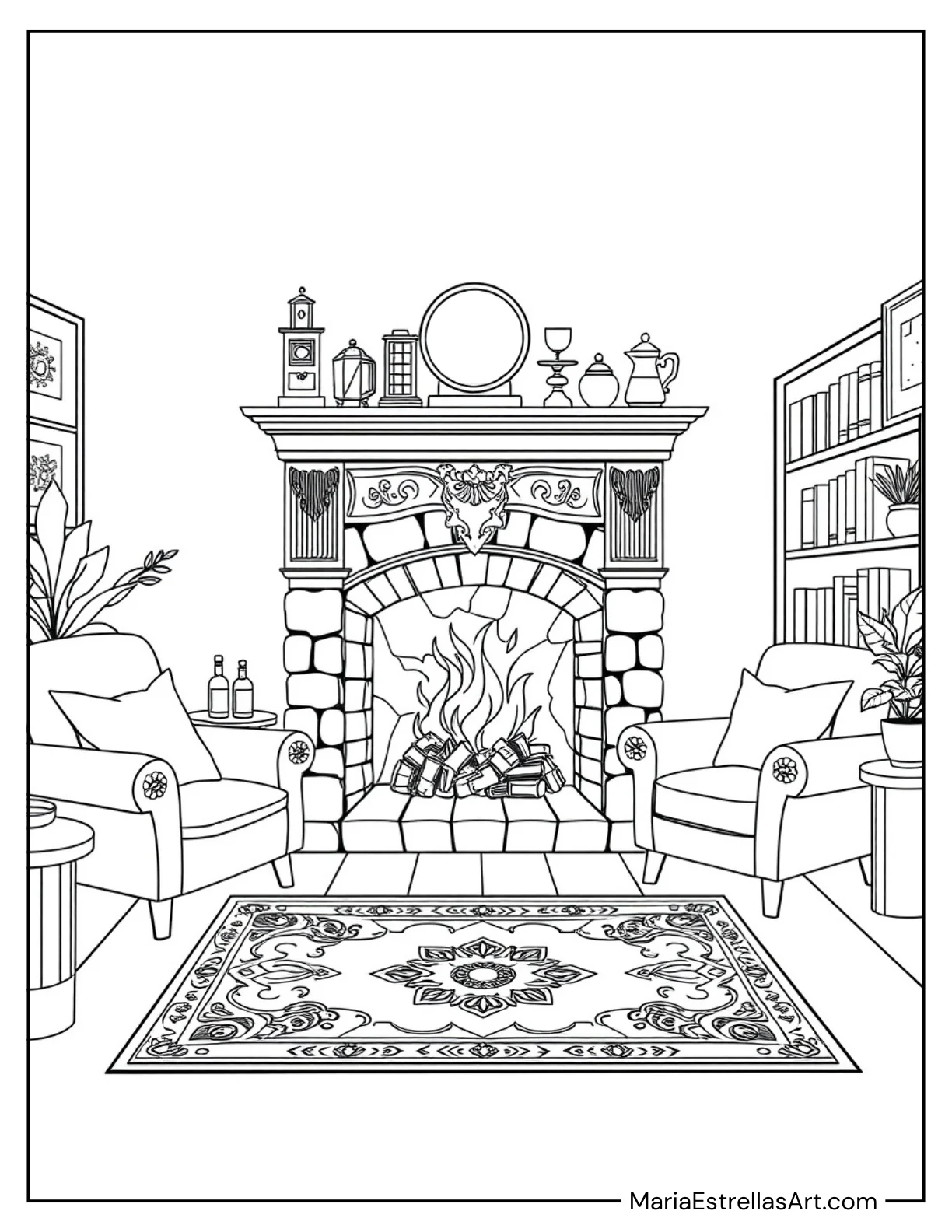 Cozy Living Room With a Fireplace to Color for Kids