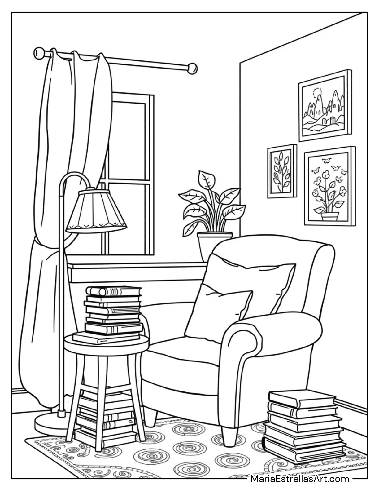 Cozy Reading Nook With a Floor Lamp Coloring Sheet