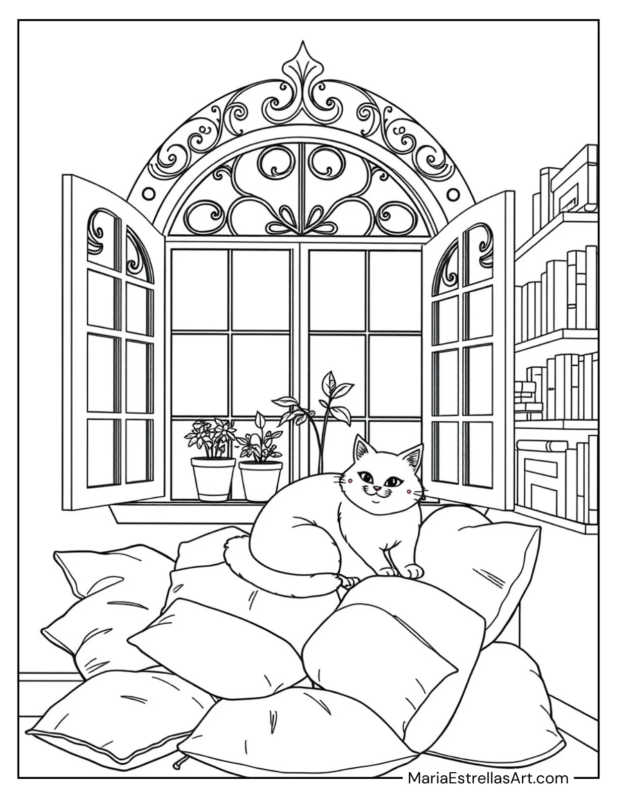 Cozy Window Corner With Cushions, and a Cat to Color for Kids