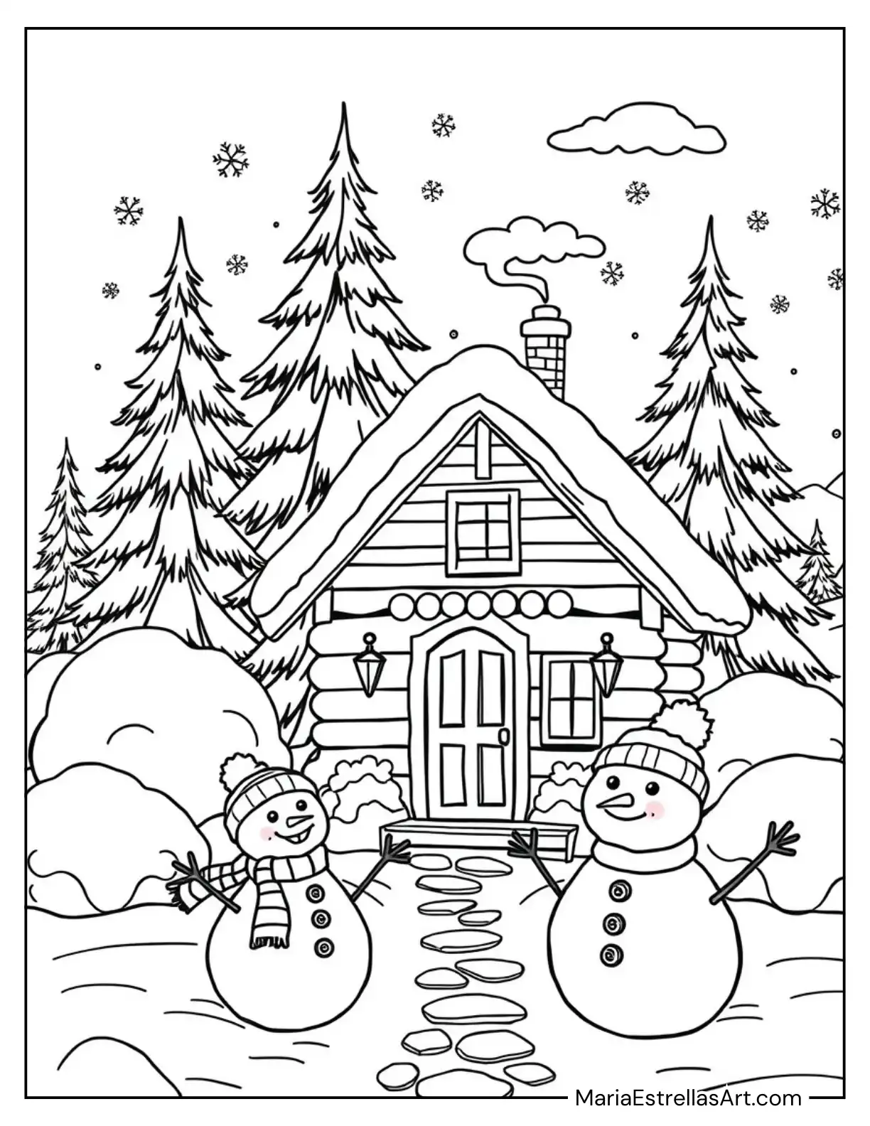 Cozy Winter Cabin with Snowy Trees Coloring Page