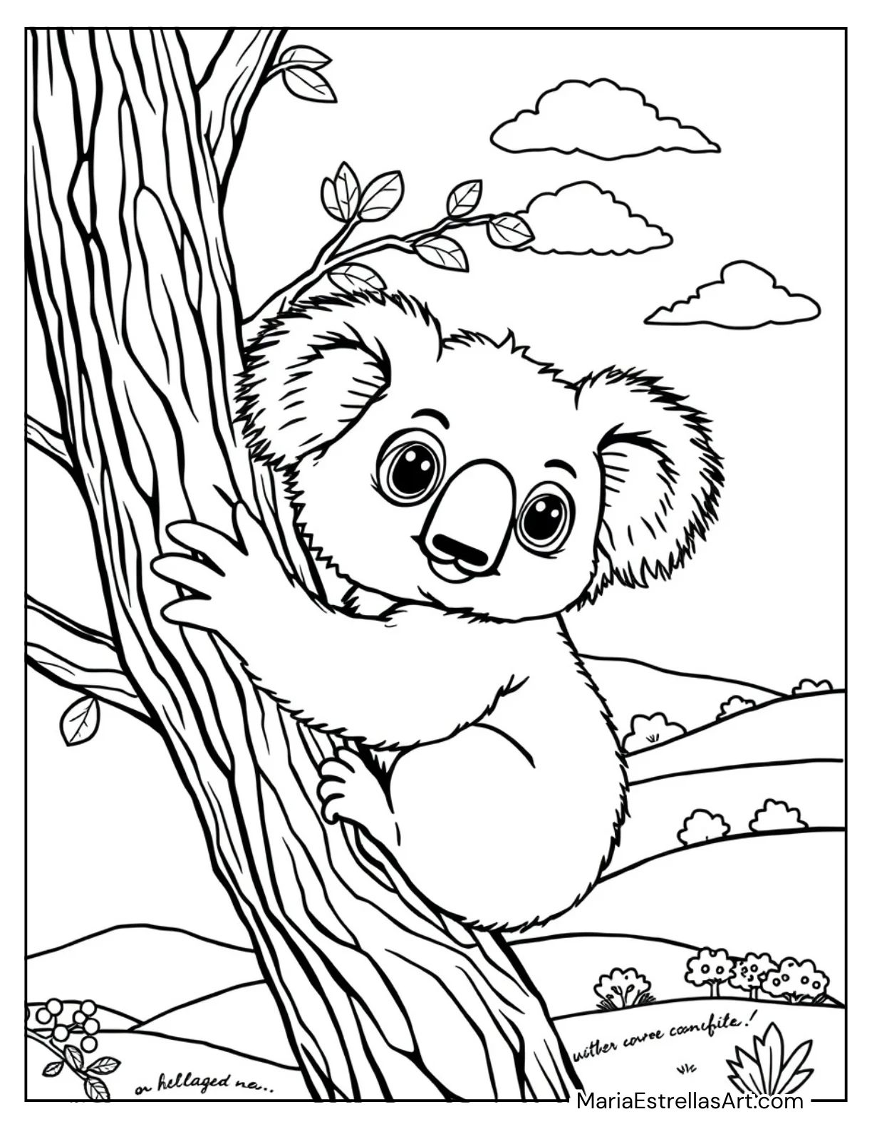 Cuddly Koala Hugging Tree Coloring Page