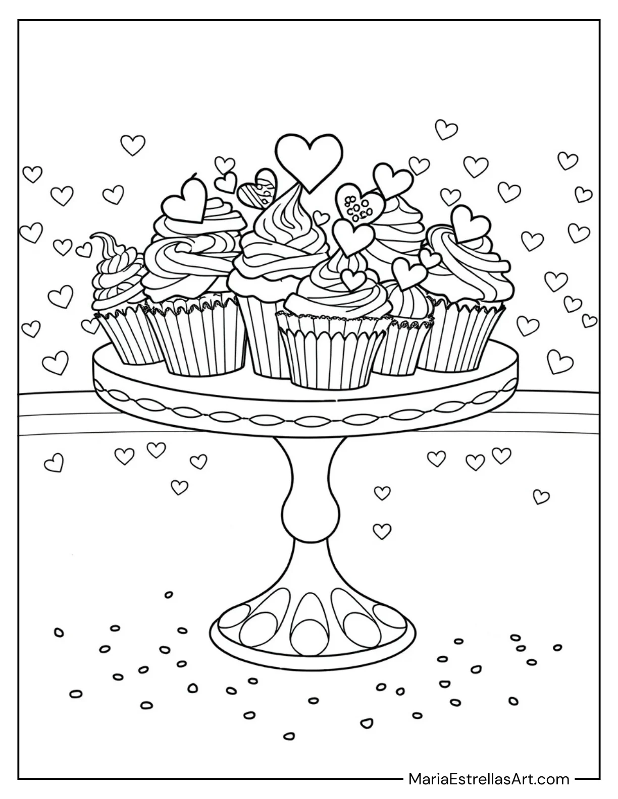 Cupcakes With Heart Toppers to Color for Kids