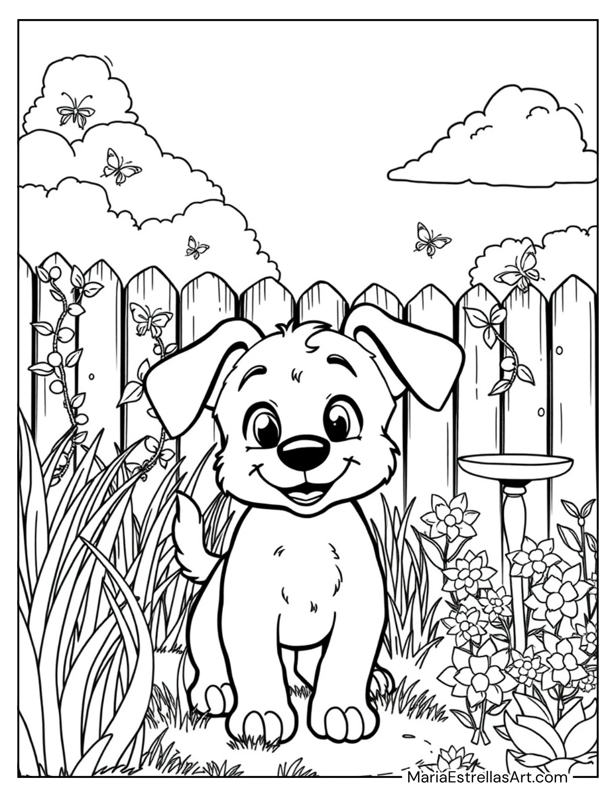 Curious Puppy Exploring the Backyard Coloring Sheet