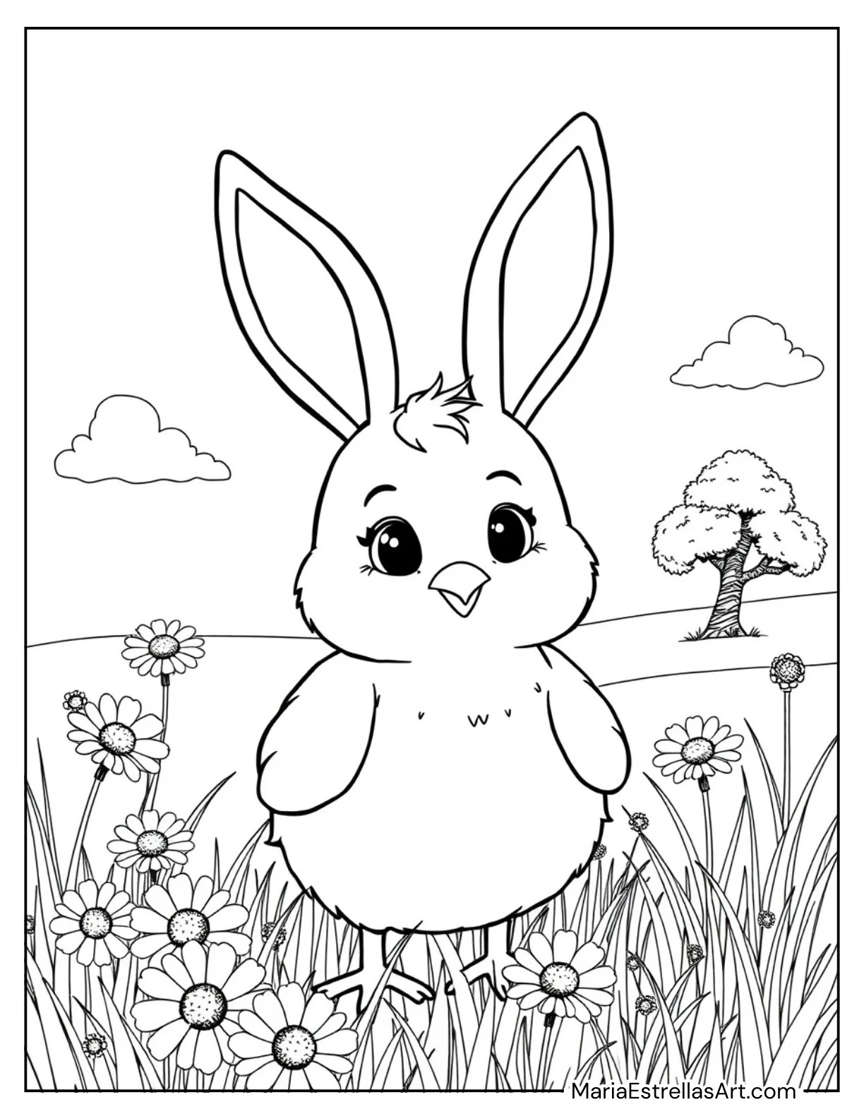 Cute Chick Wearing Bunny Ears Coloring Page