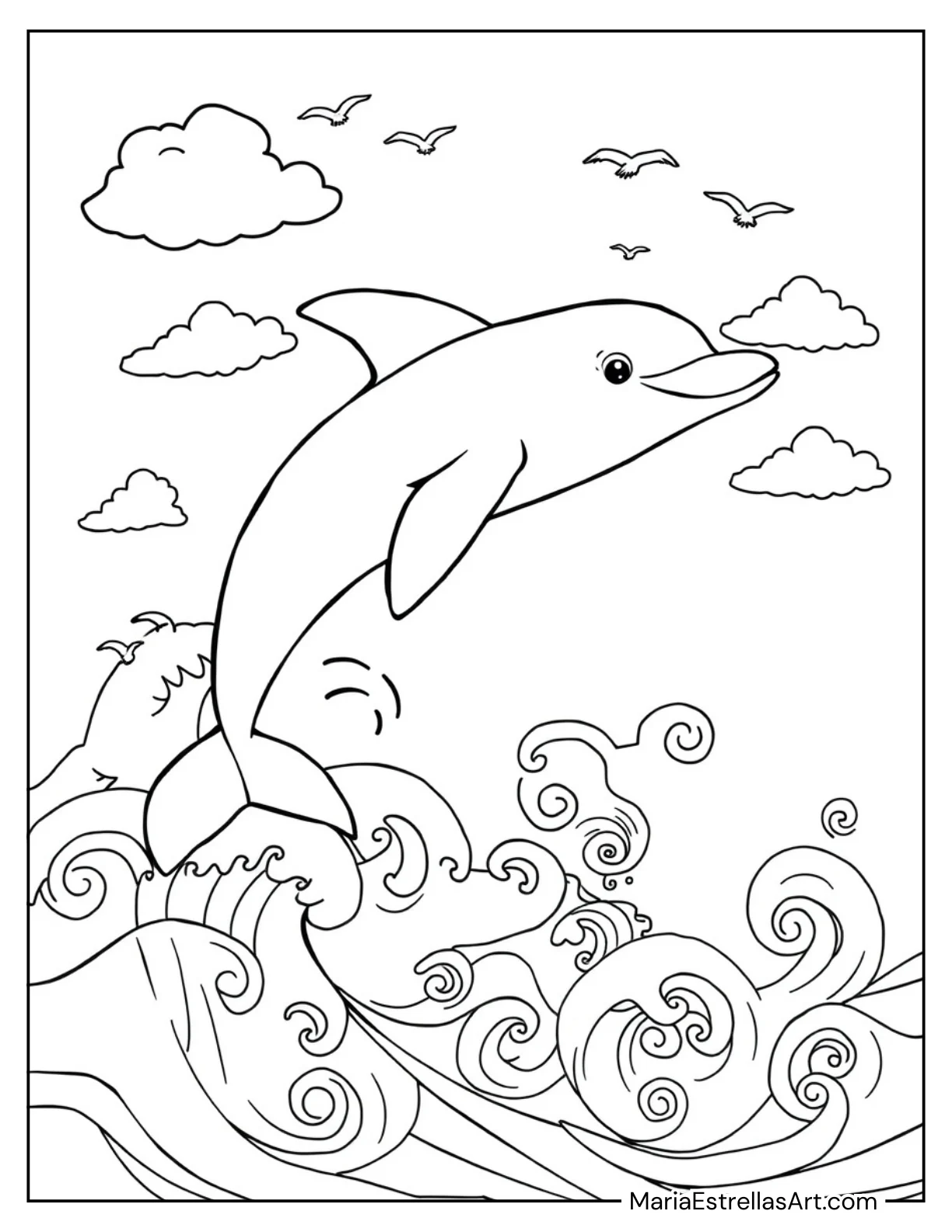 Cute Dolphin Jumping Over Waves Summer Coloring Page