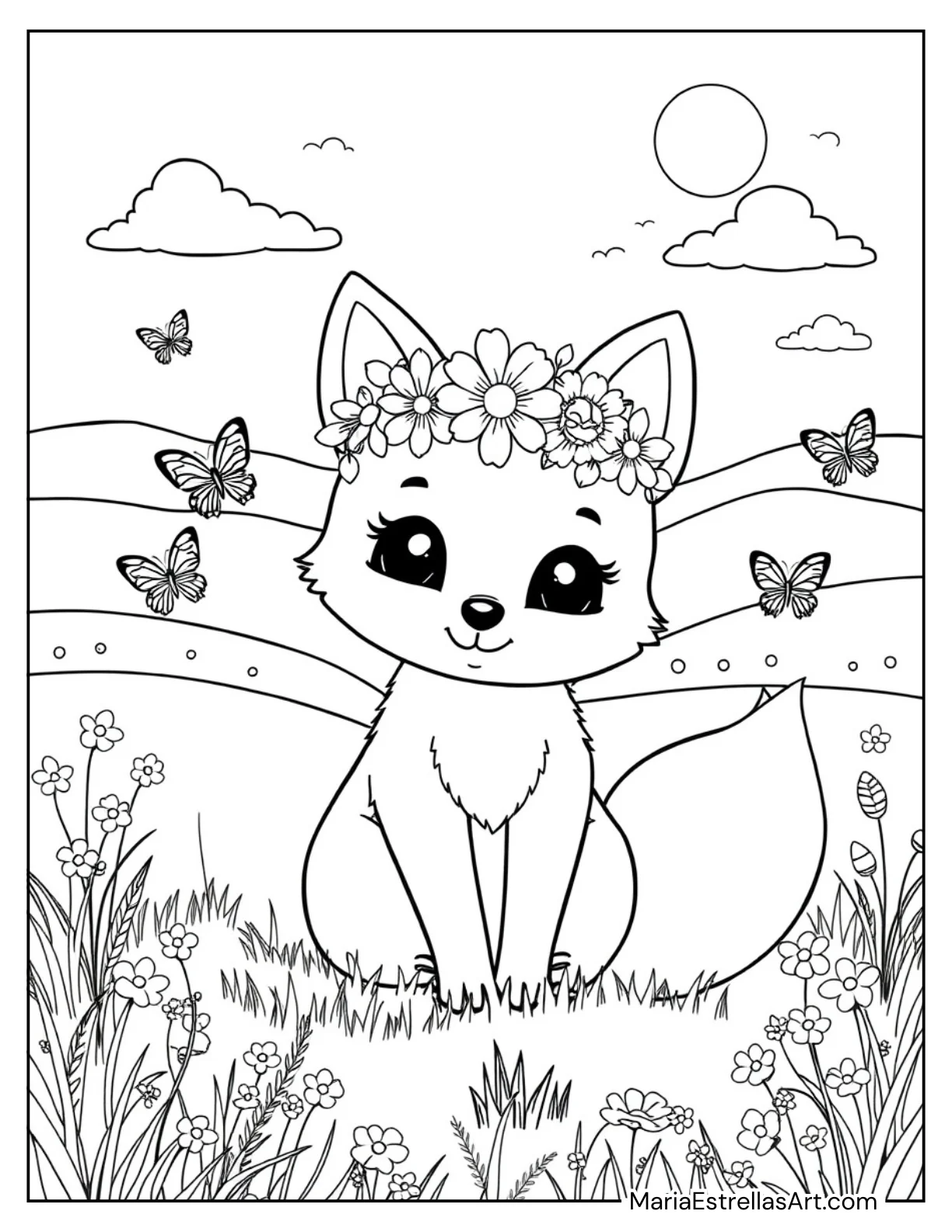 Cute Kawaii Fox with Flower Crown for Kids to Color