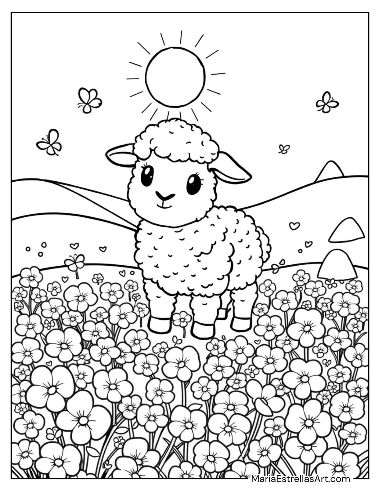 Cute Lamb in a Clover Field Coloring Sheet