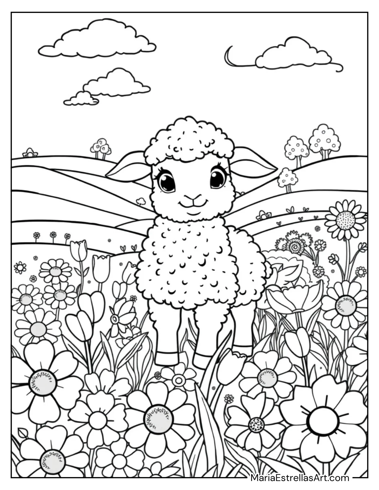 Cute Lamb in a Flower Field Coloring Sheet Cute Animals Coloring Page