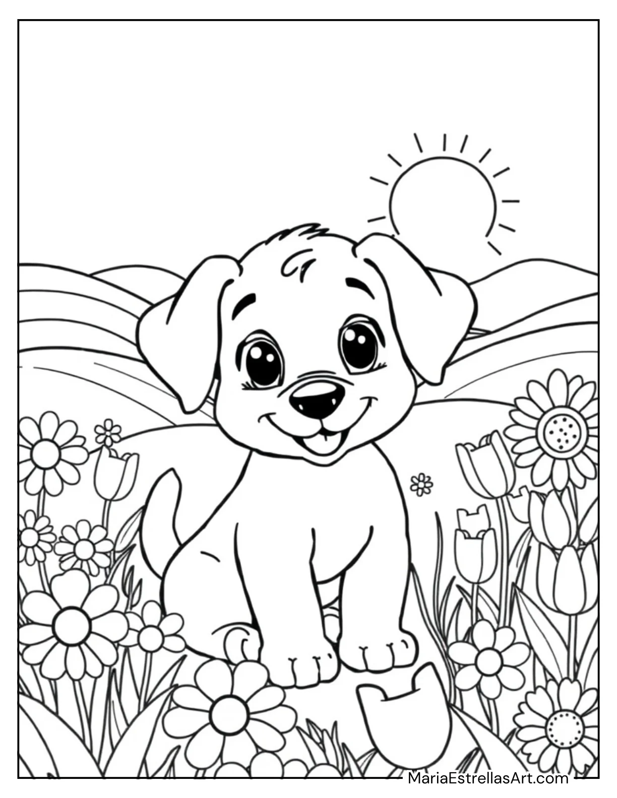 Cute Puppy in a Flower Garden Coloring Page