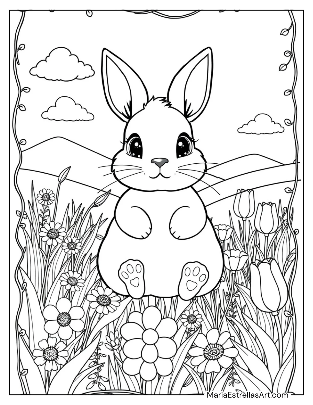 Cute Rabbit in a Meadow Cute Animals Coloring Page