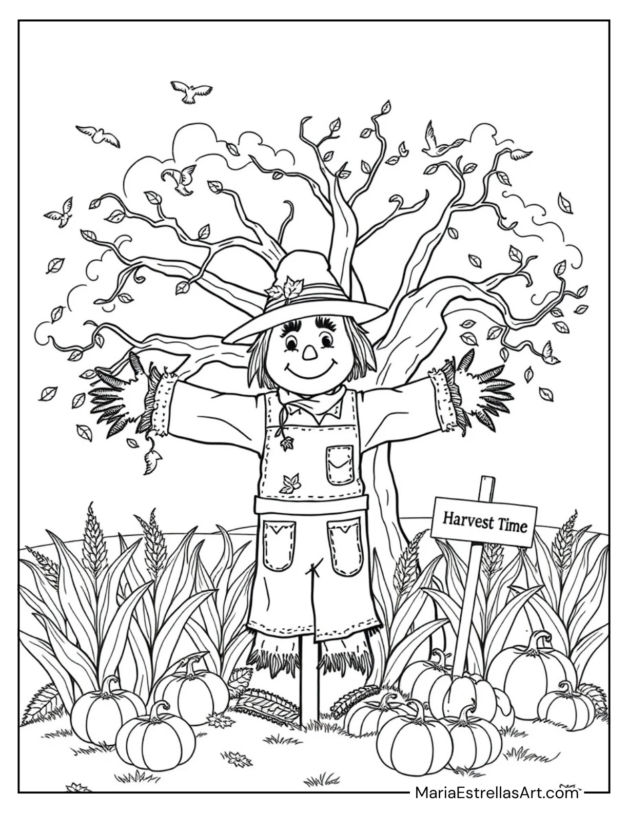 Cute Scarecrow in a Fall Field Coloring Sheet