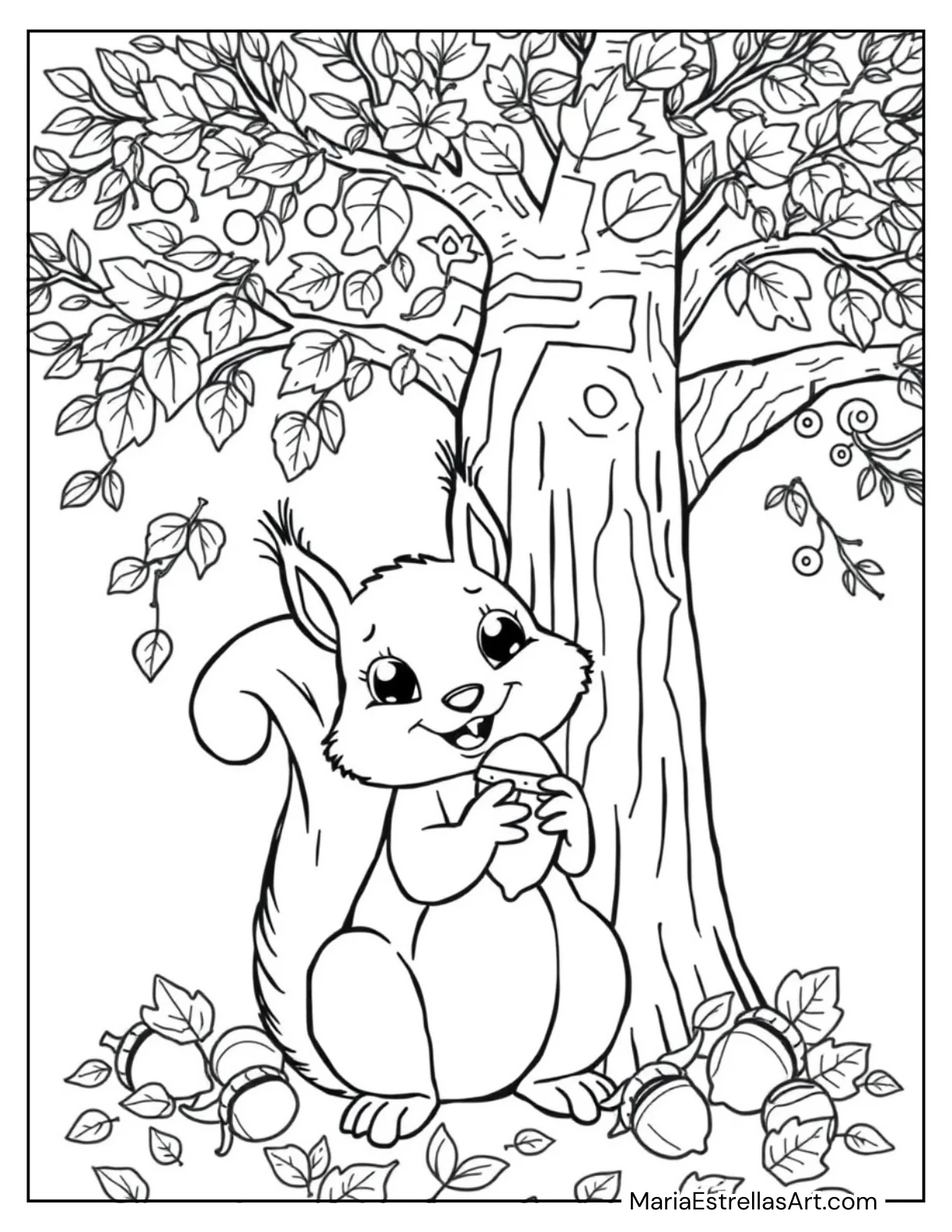 Cute Squirrel Holding an Acorn Under a Thanksgiving Tree Coloring Page