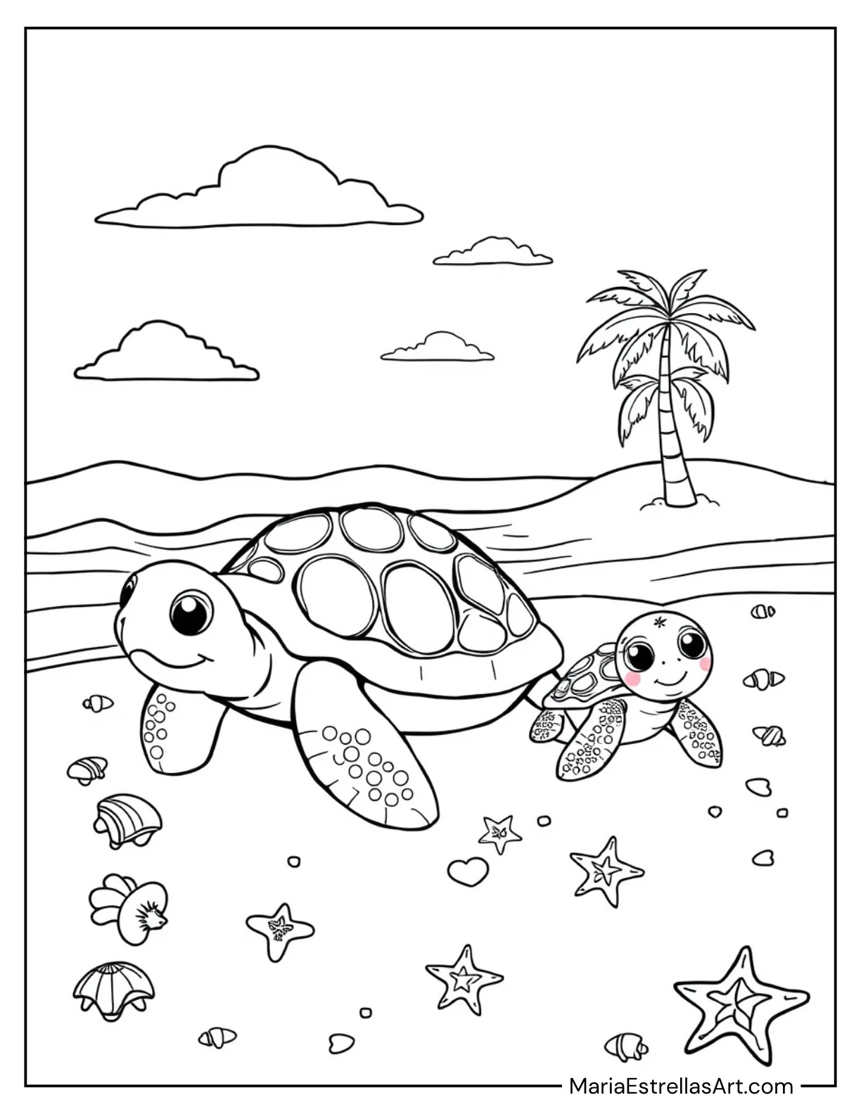 Cute Turtle Family on a Sandy Shore Coloring Sheet