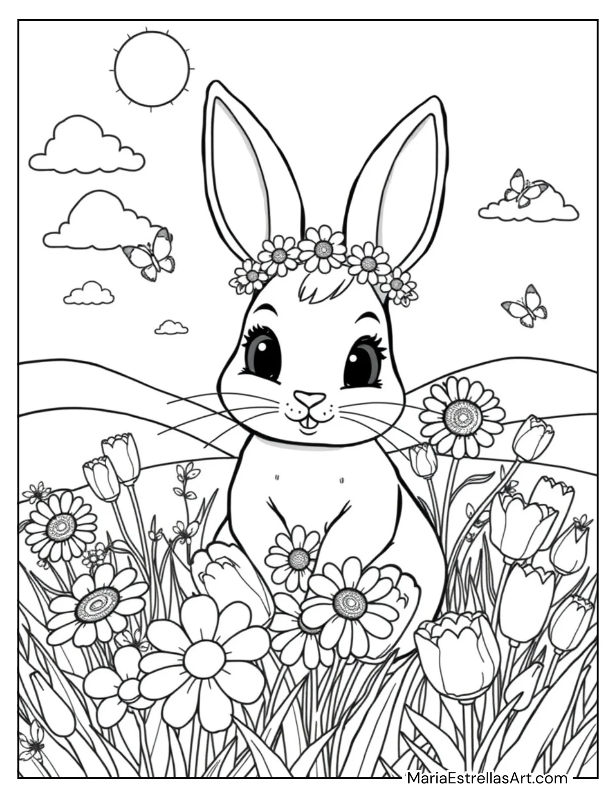 Daisy Crown on a Bunny Coloring Page