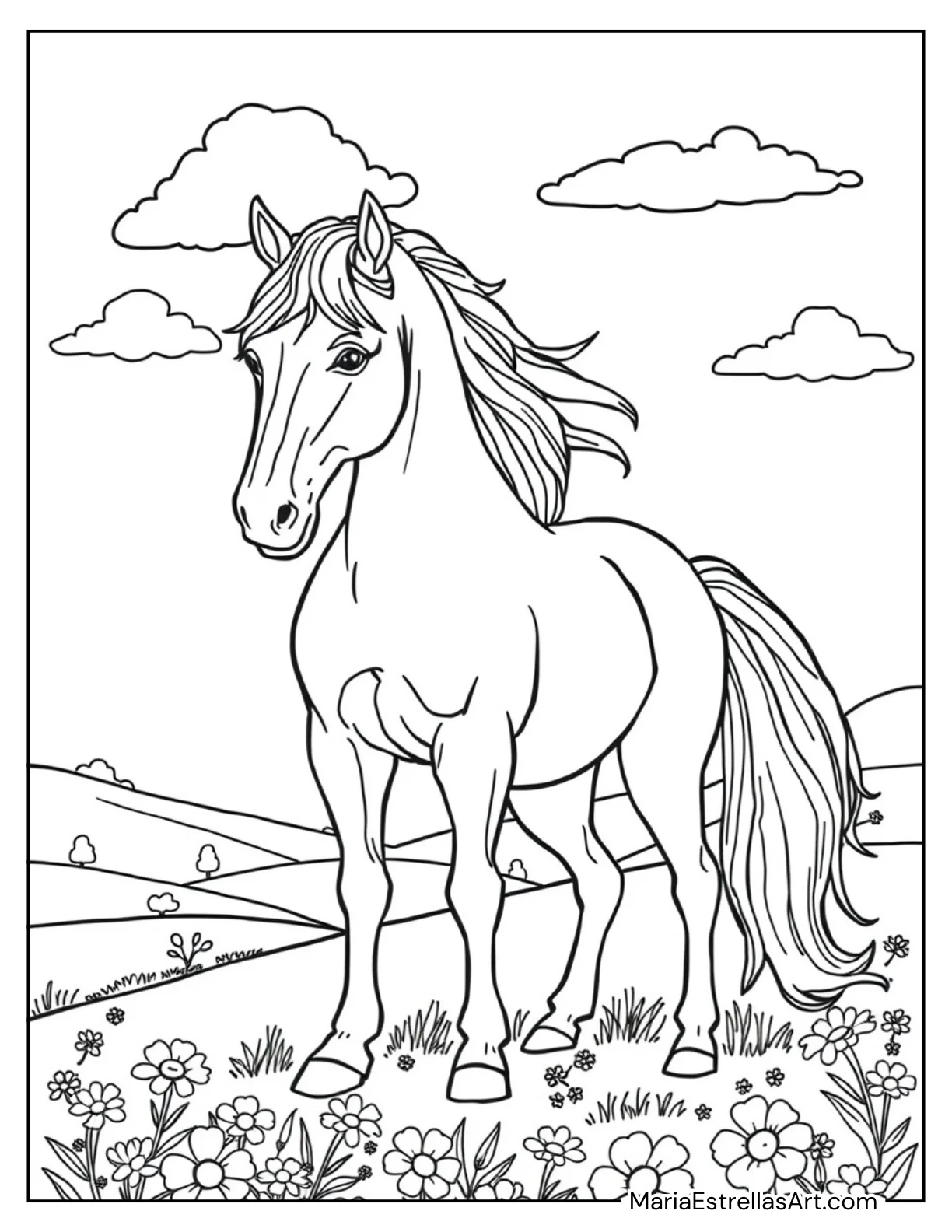 Detailed Horse Portrait With Flowing Mane Coloring Sheet