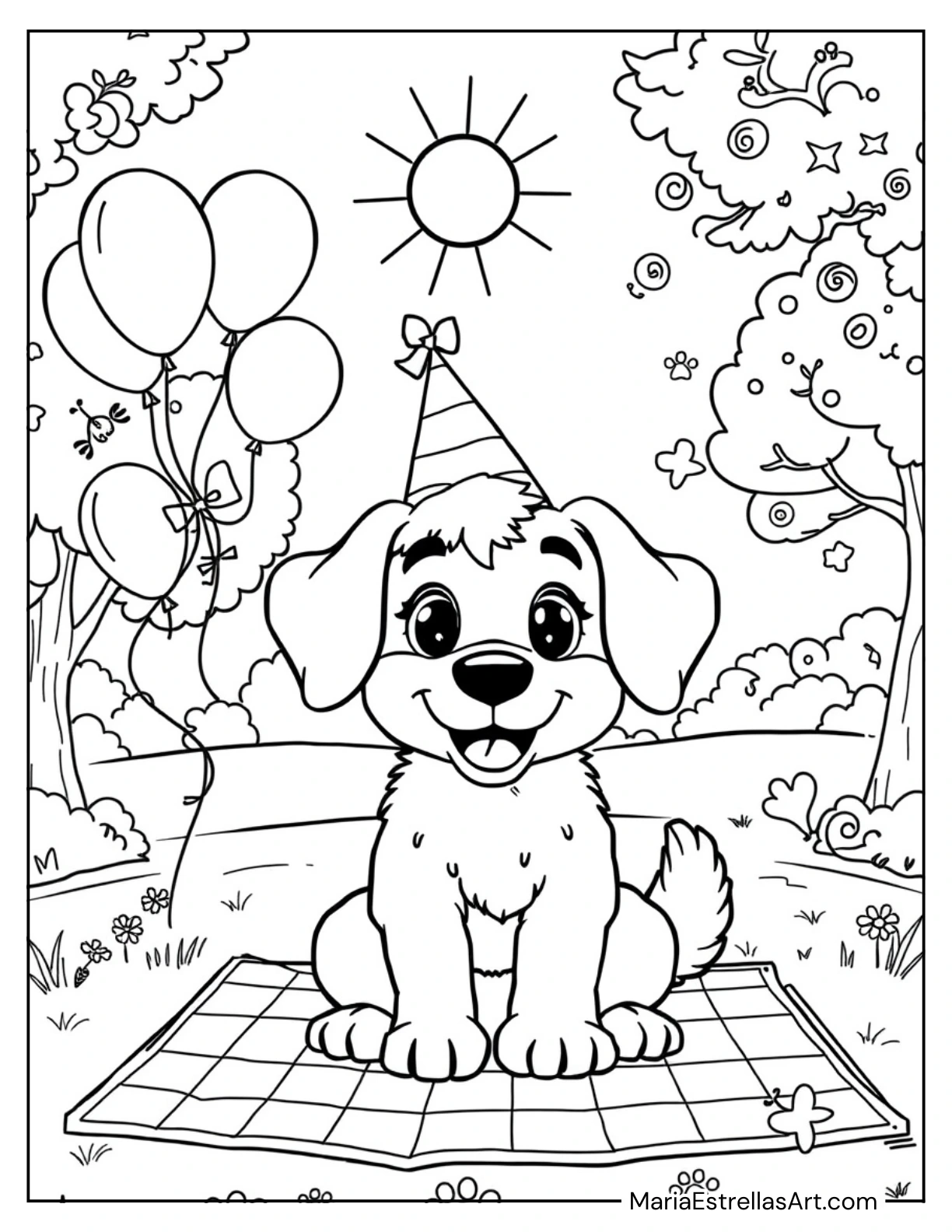 Dog Wearing a Party Hat for Kids to Color