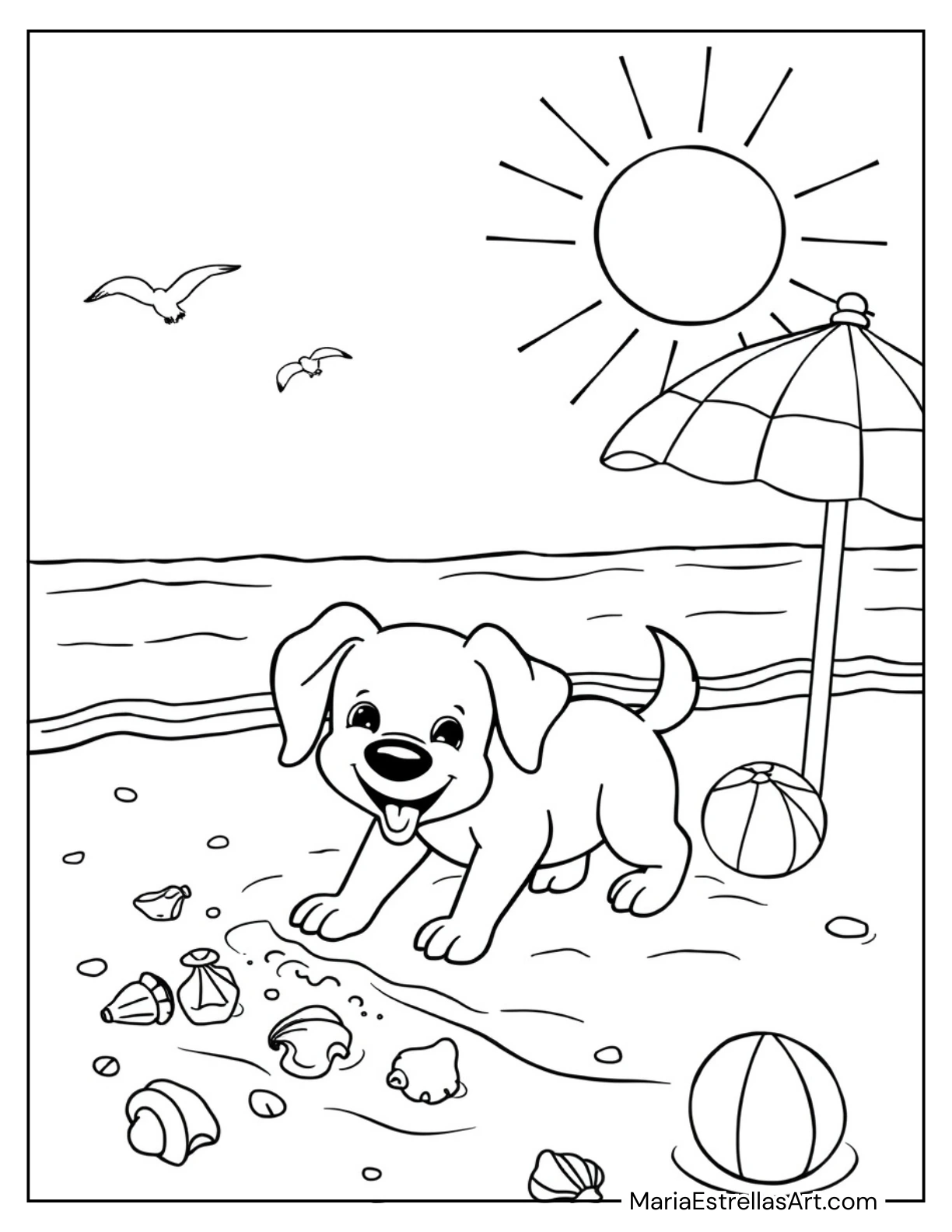 Dog at the Beach Coloring Sheet