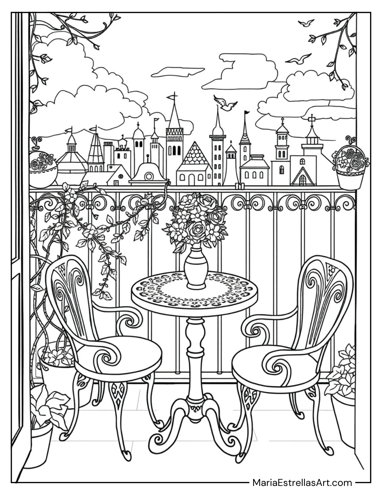 Dreamy Balcony Scene With a Small Table Aesthetic Spaces Coloring Sheet