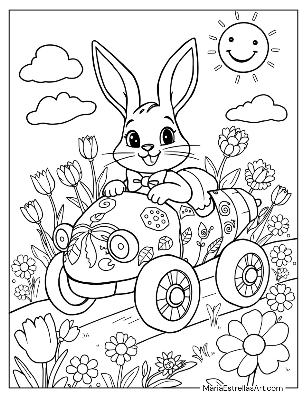 Easter Bunny in a Carrot Car Coloring Sheet