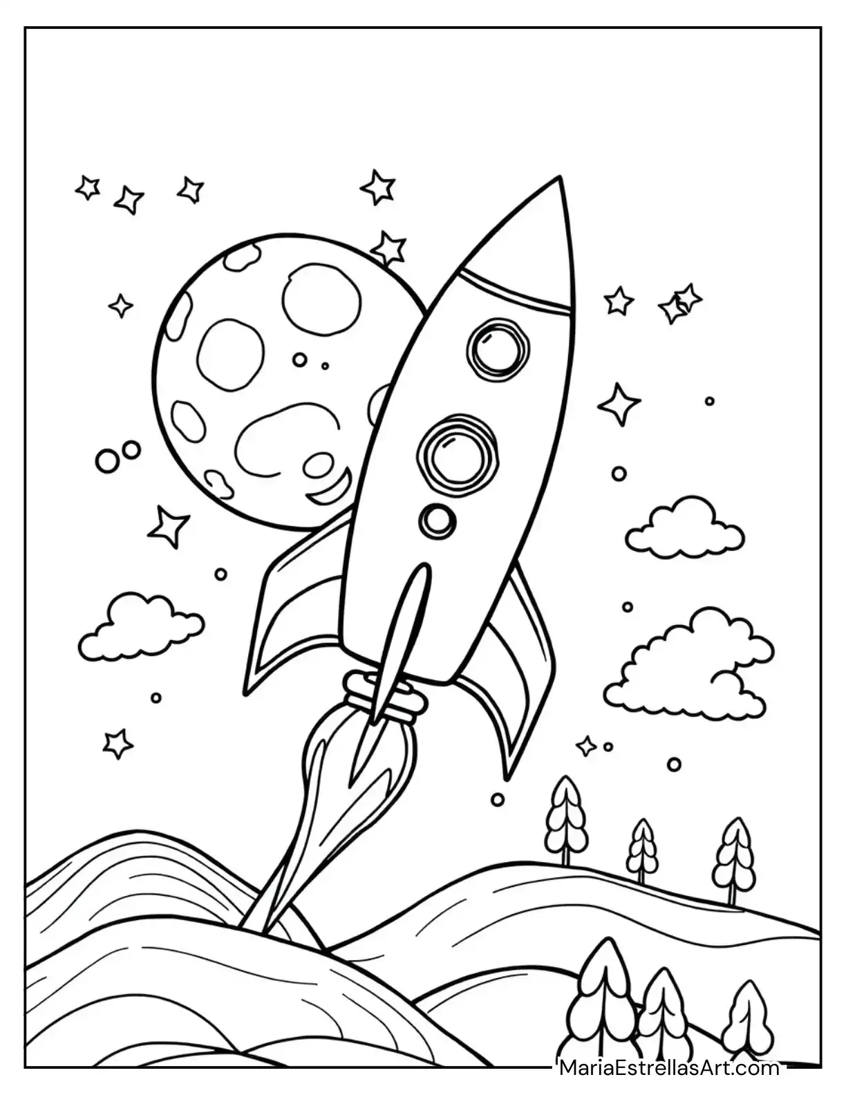 Easy-to-Color Rocket Blasting Into Space Coloring Sheet