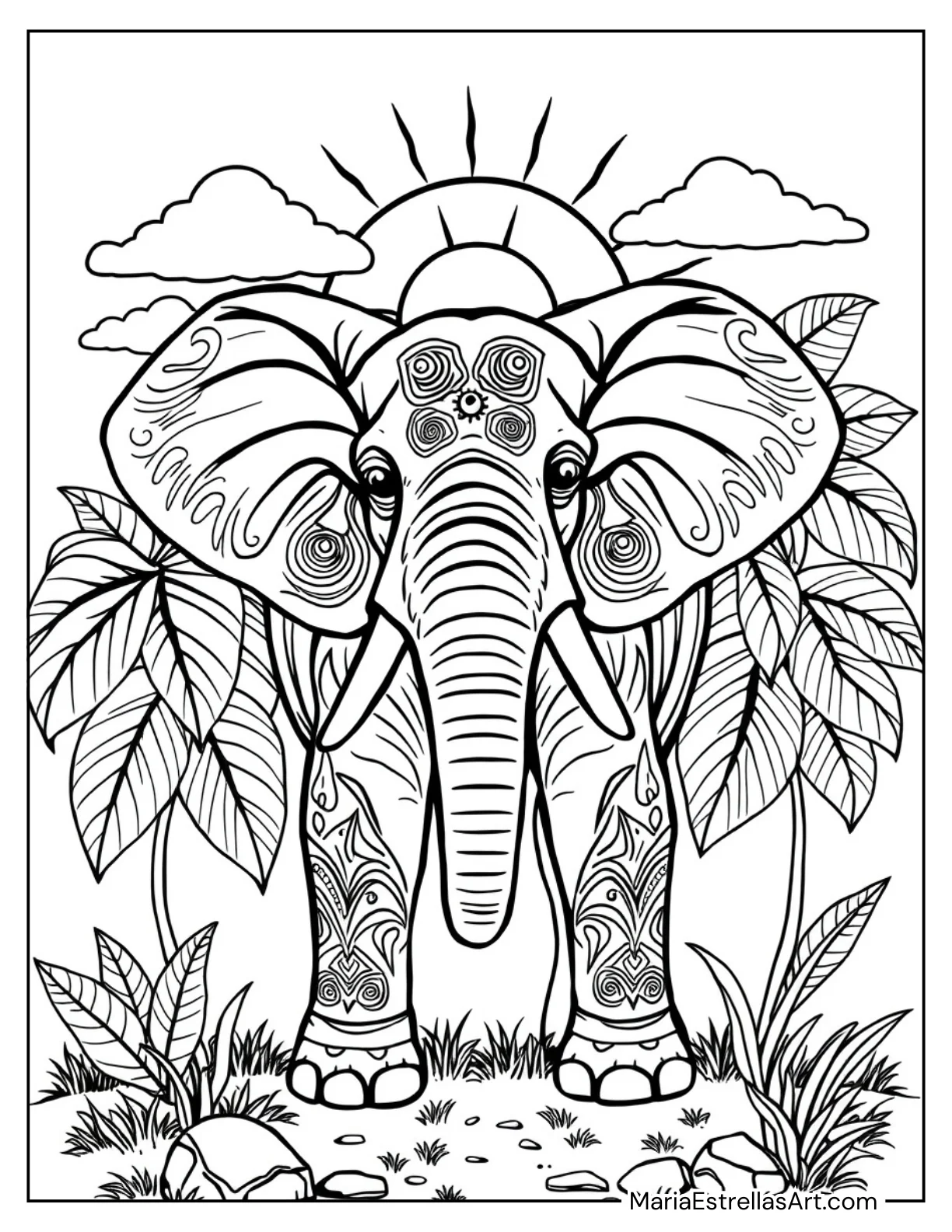 Elephant Covered in Tribal Patterns Coloring Sheet