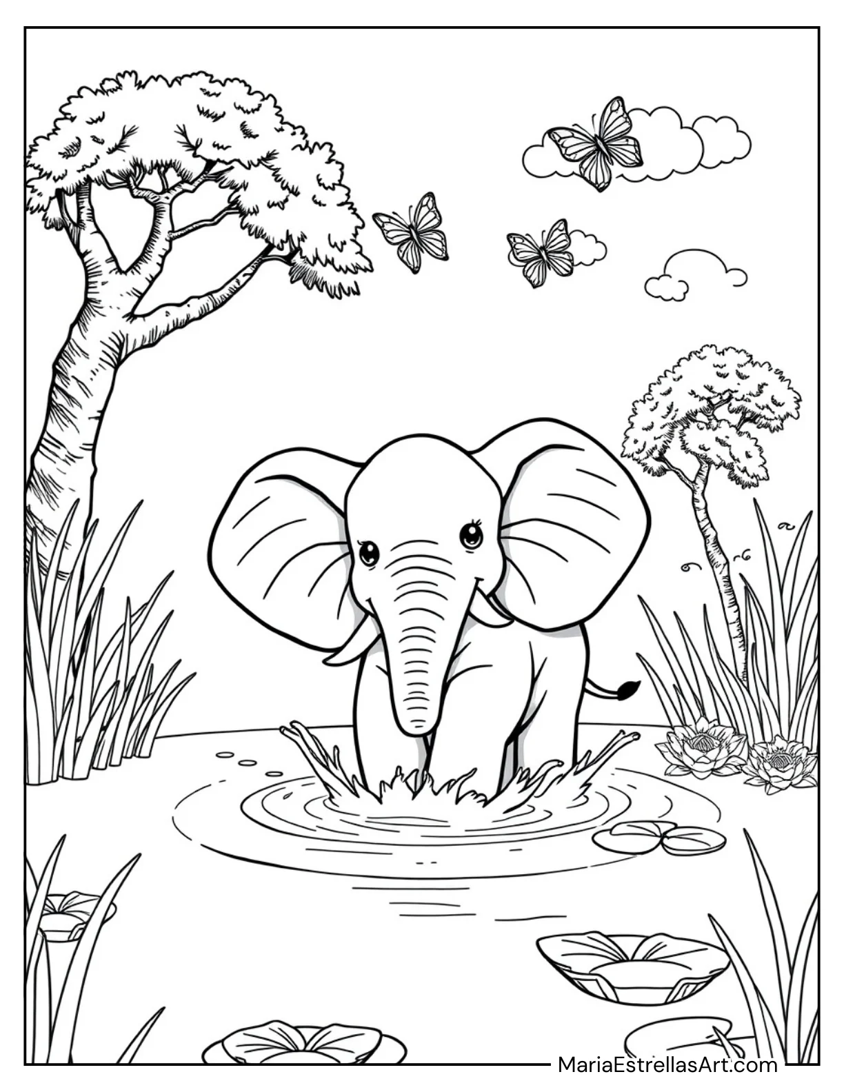 Elephant Splashing Water in a Pond Coloring Sheet