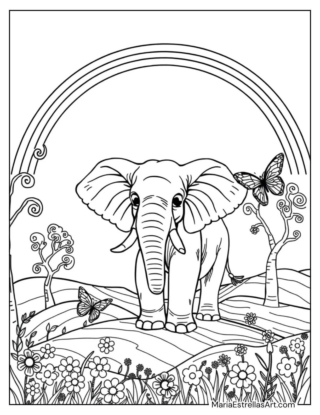 Elephant Standing Under a Rainbow to Color for Kids