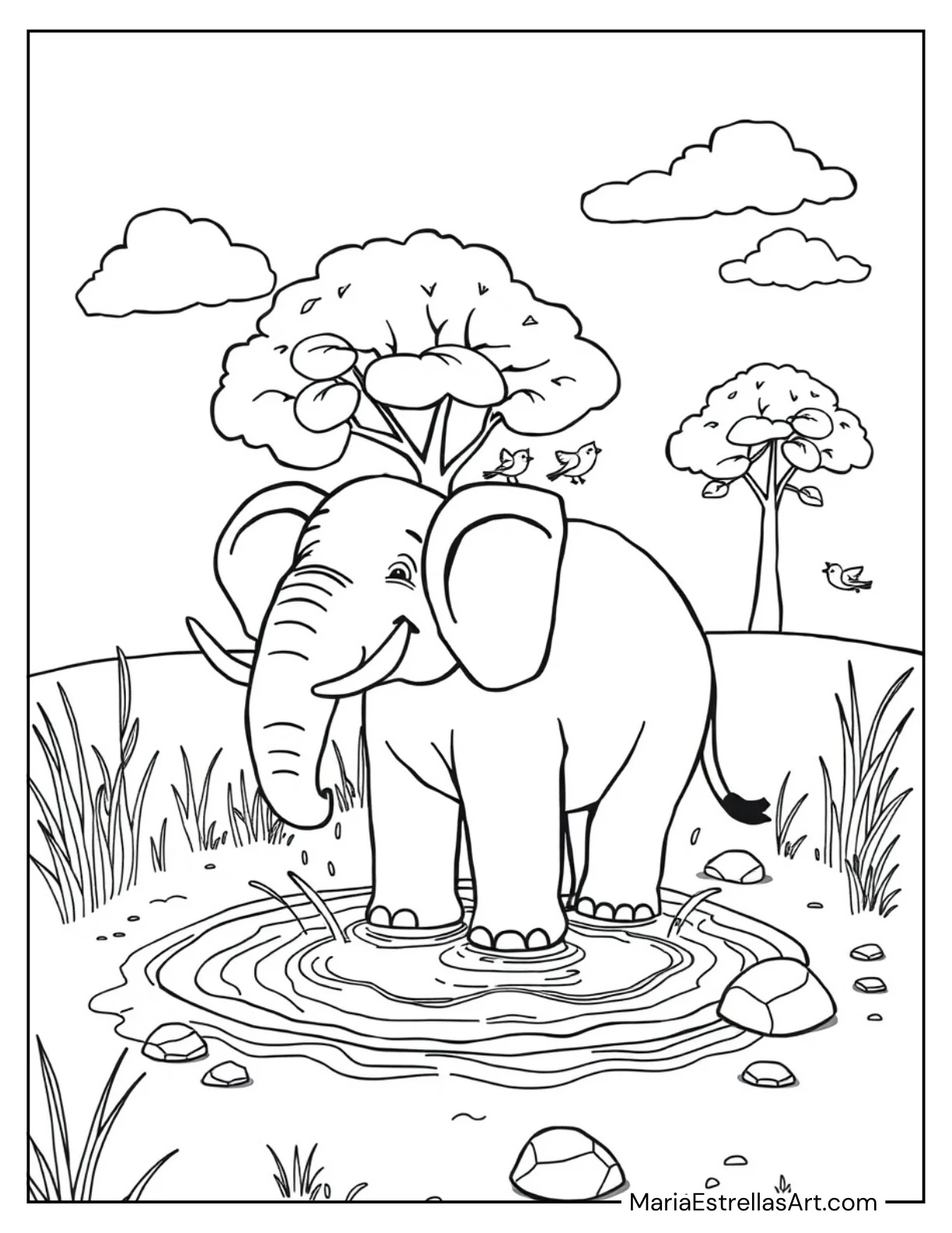 Elephant Taking a Mud Bath Coloring Page