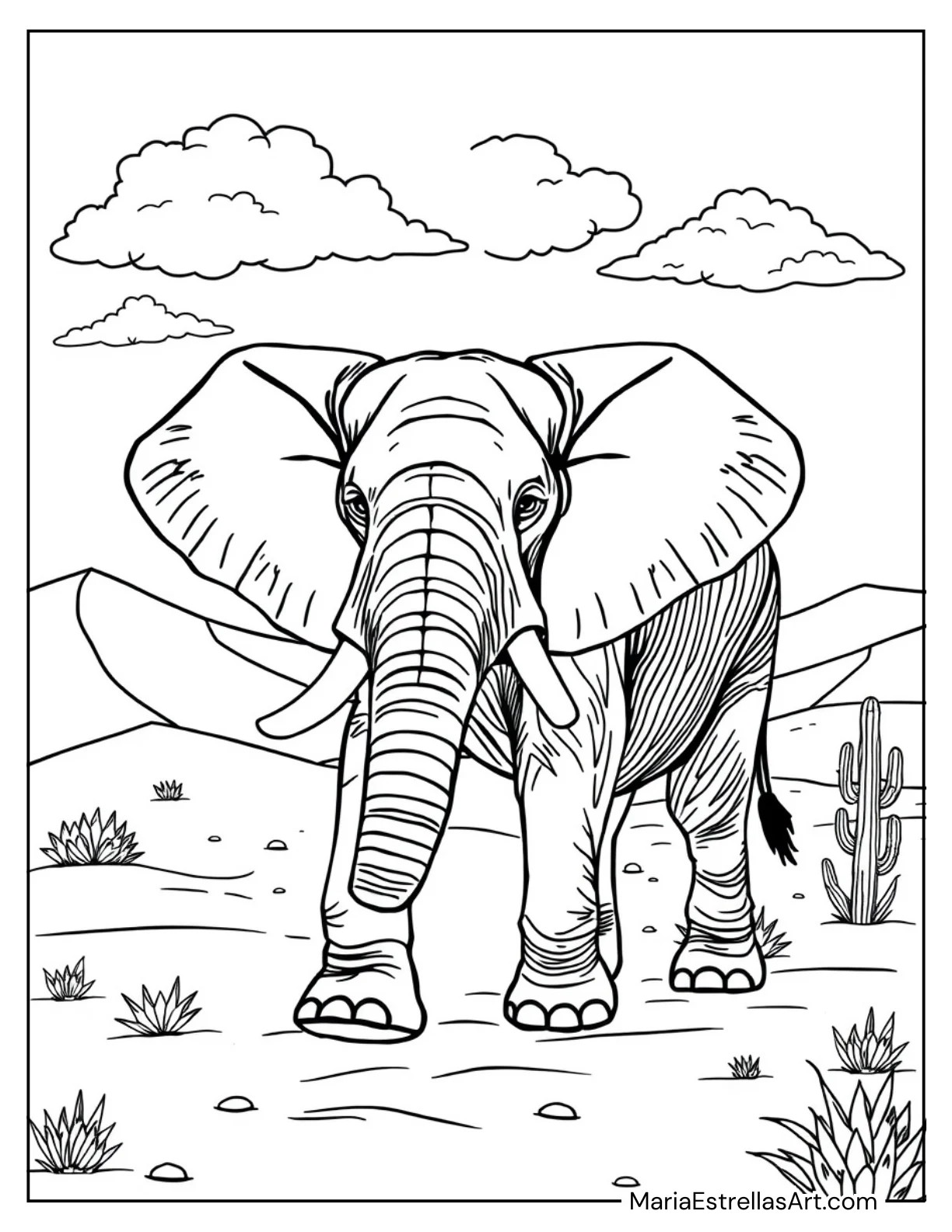 Elephant Walking Through a Desert Coloring Page