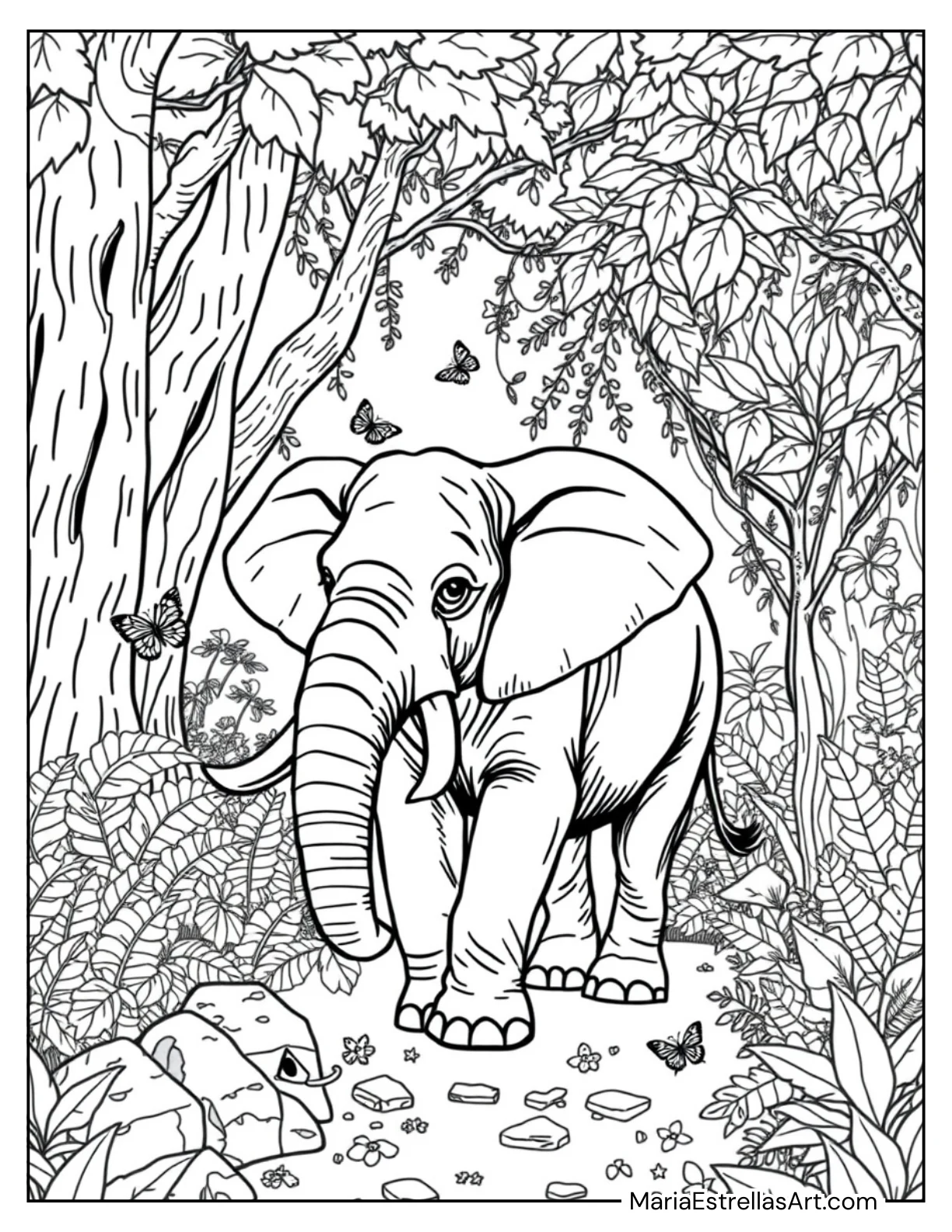 Elephant Walking Through a Jungle to Color for Kids