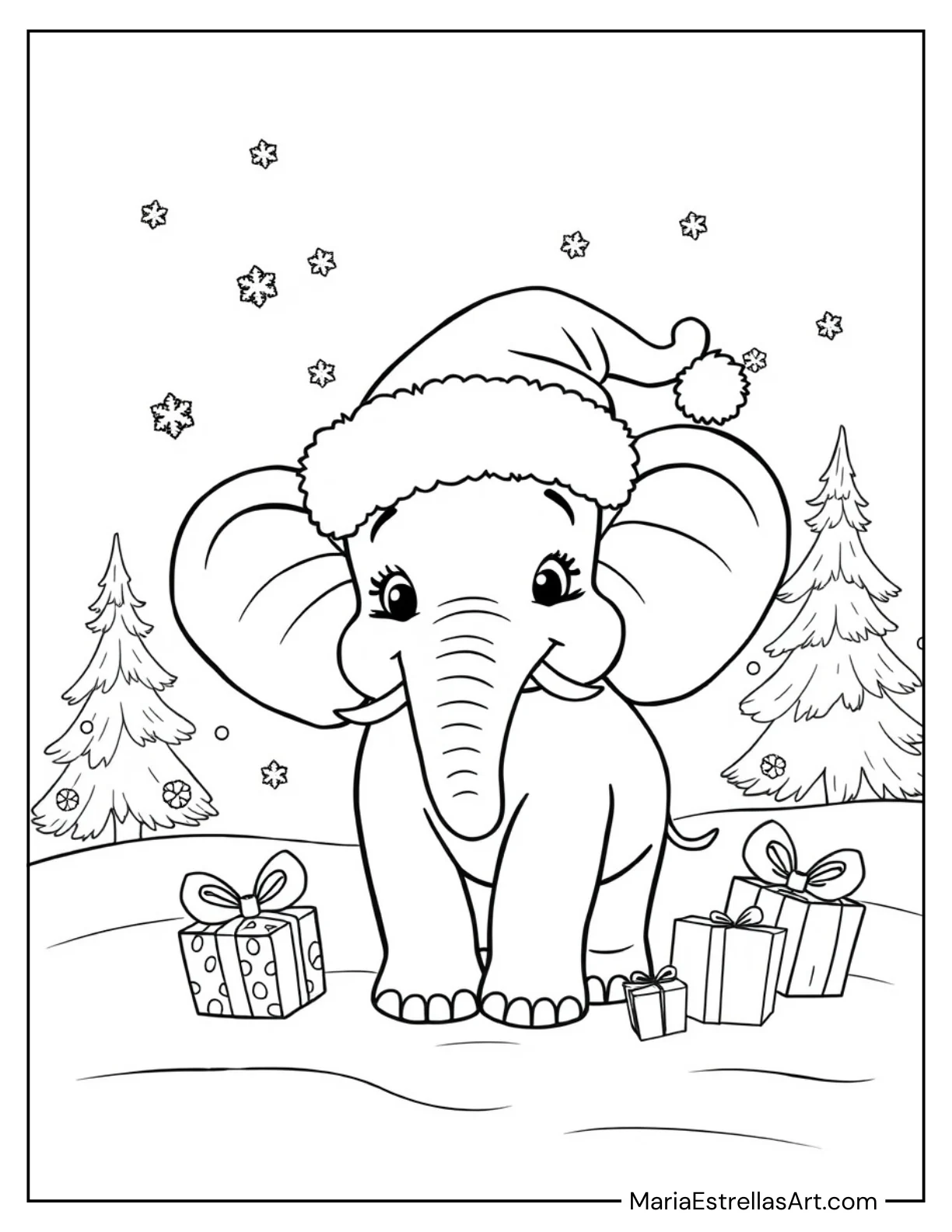 Elephant Wearing a Santa Hat to Color for Kids