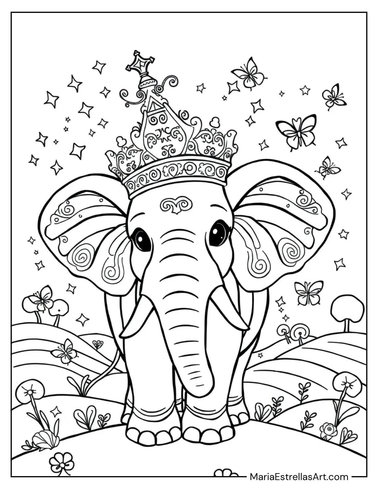 Elephant With a Crown Surrounded by Sparkles