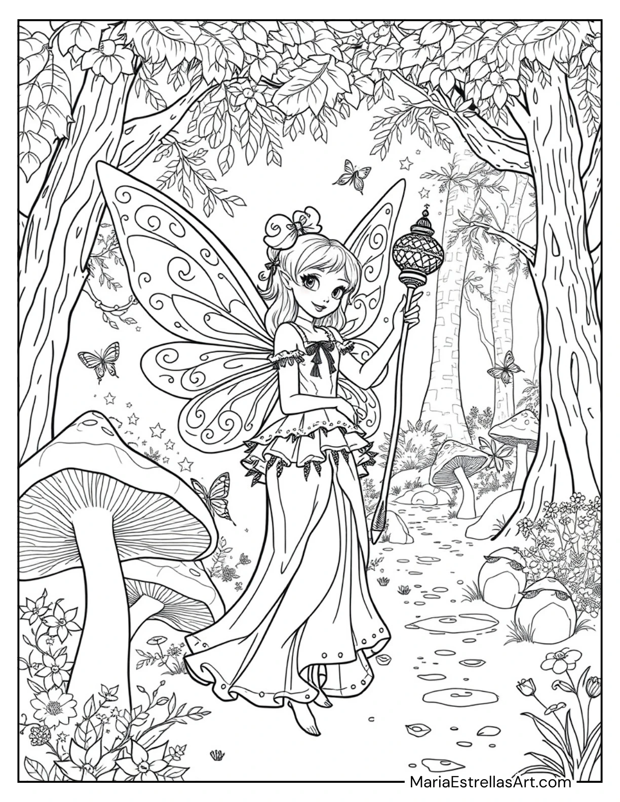 Fairy Princess With Wings and a Magical Staff to Color for Kids